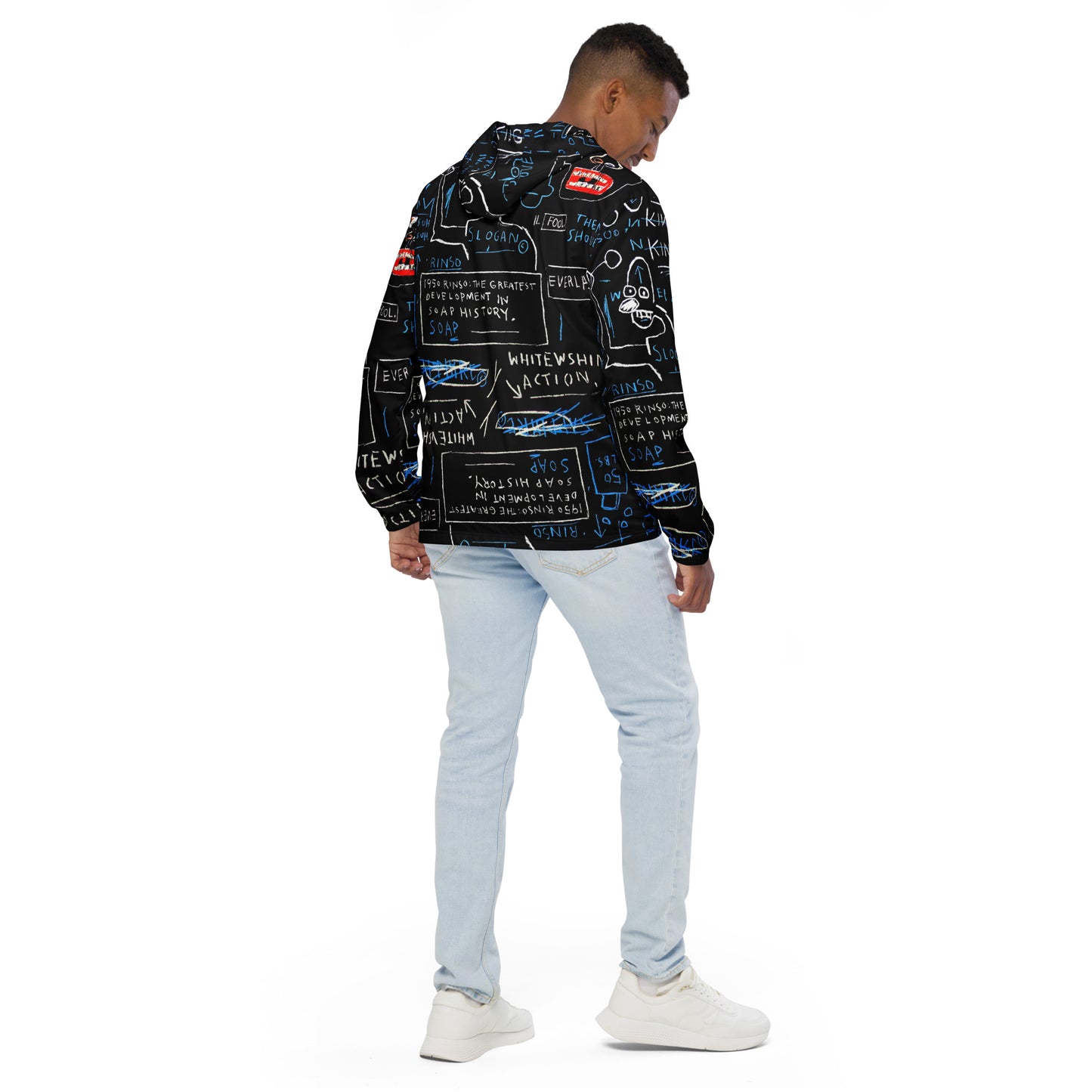 Jean-Michel Basquiat "Rinso" Artwork Printed Premium Black and Blue Windbreaker Jacket Scattered