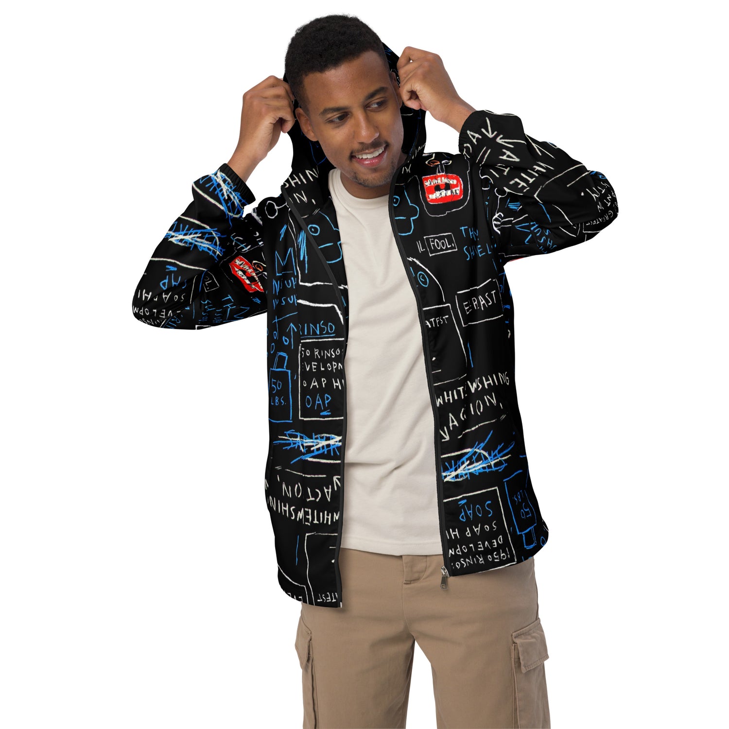 Jean-Michel Basquiat "Rinso" Artwork Printed Premium Black and Blue Windbreaker Jacket Scattered