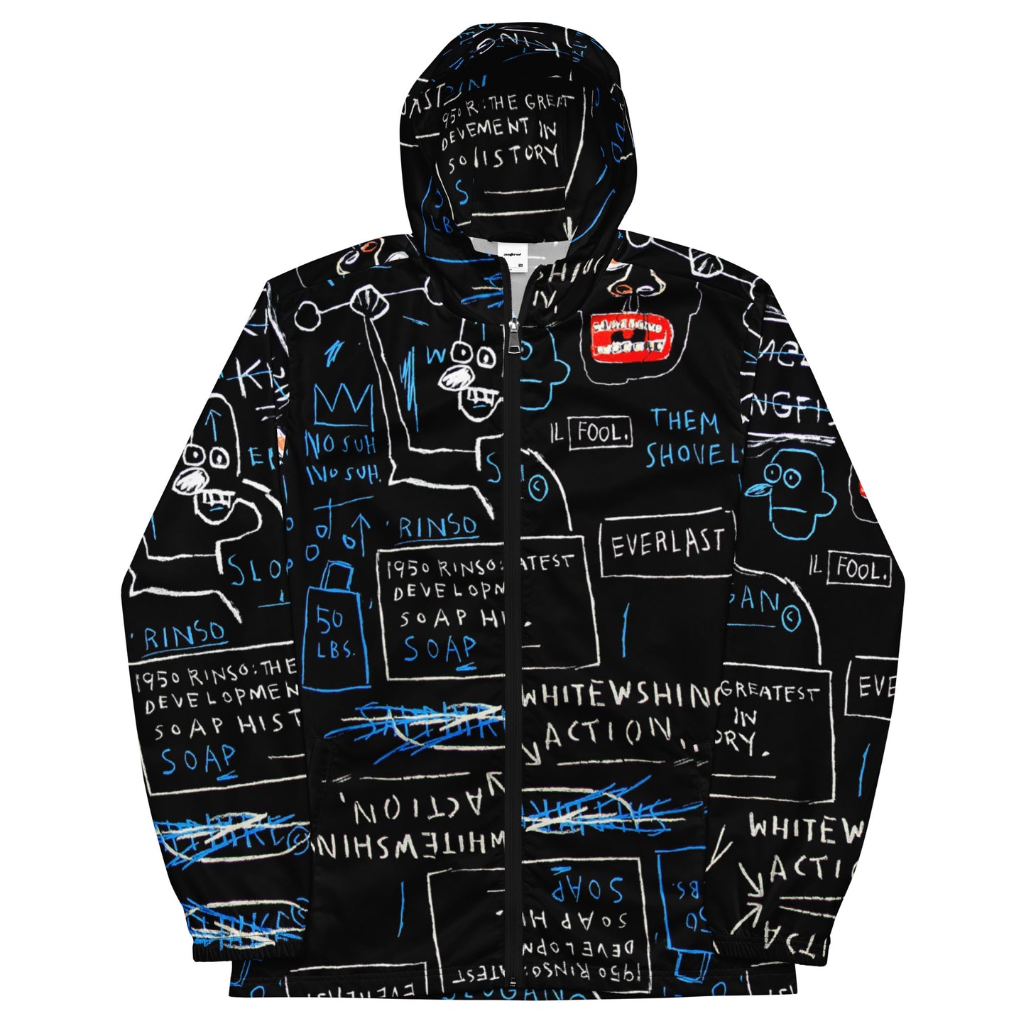 Jean-Michel Basquiat "Rinso" Artwork Printed Premium Black and Blue Windbreaker Jacket Scattered