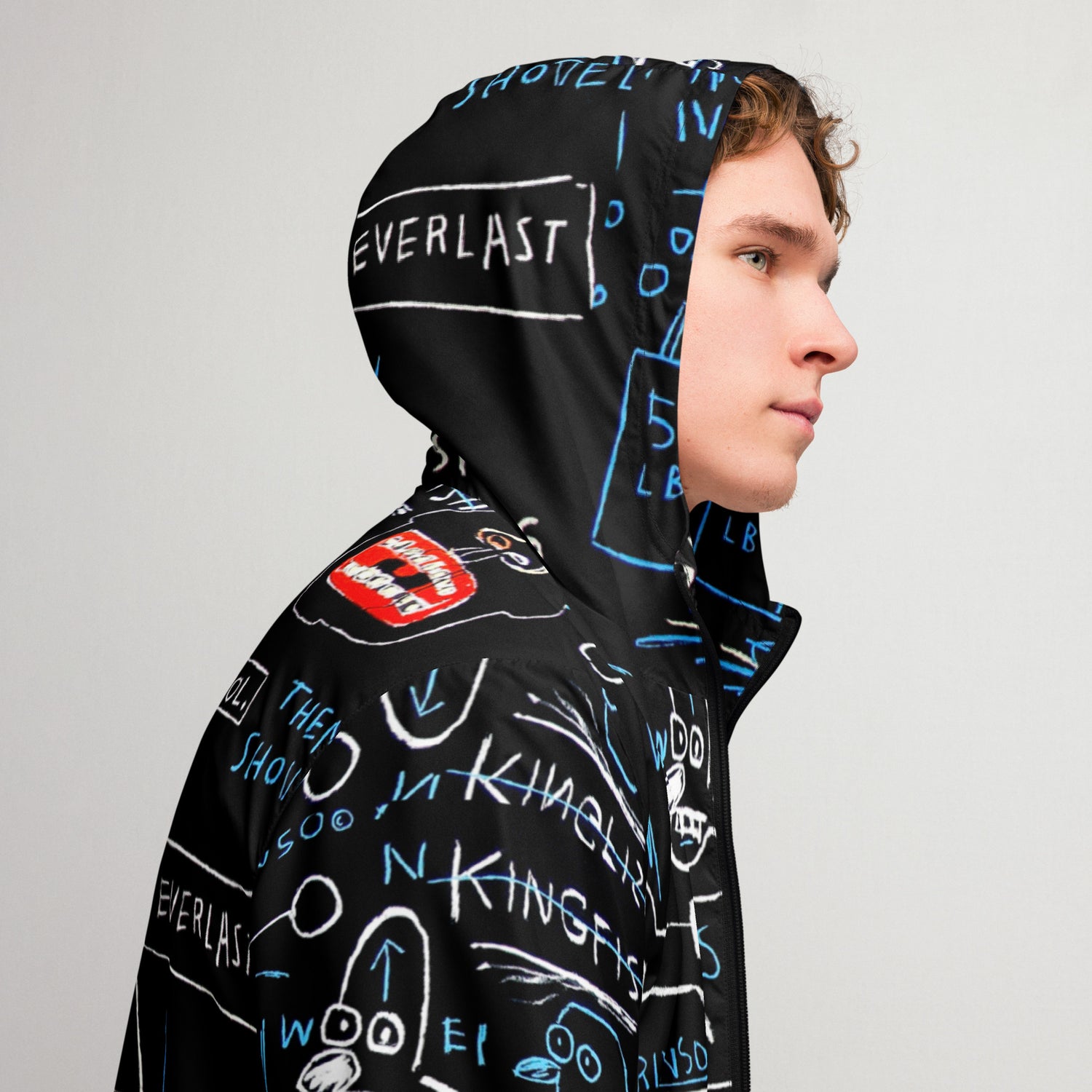 Jean-Michel Basquiat "Rinso" Artwork Printed Premium Black and Blue Windbreaker Jacket Scattered