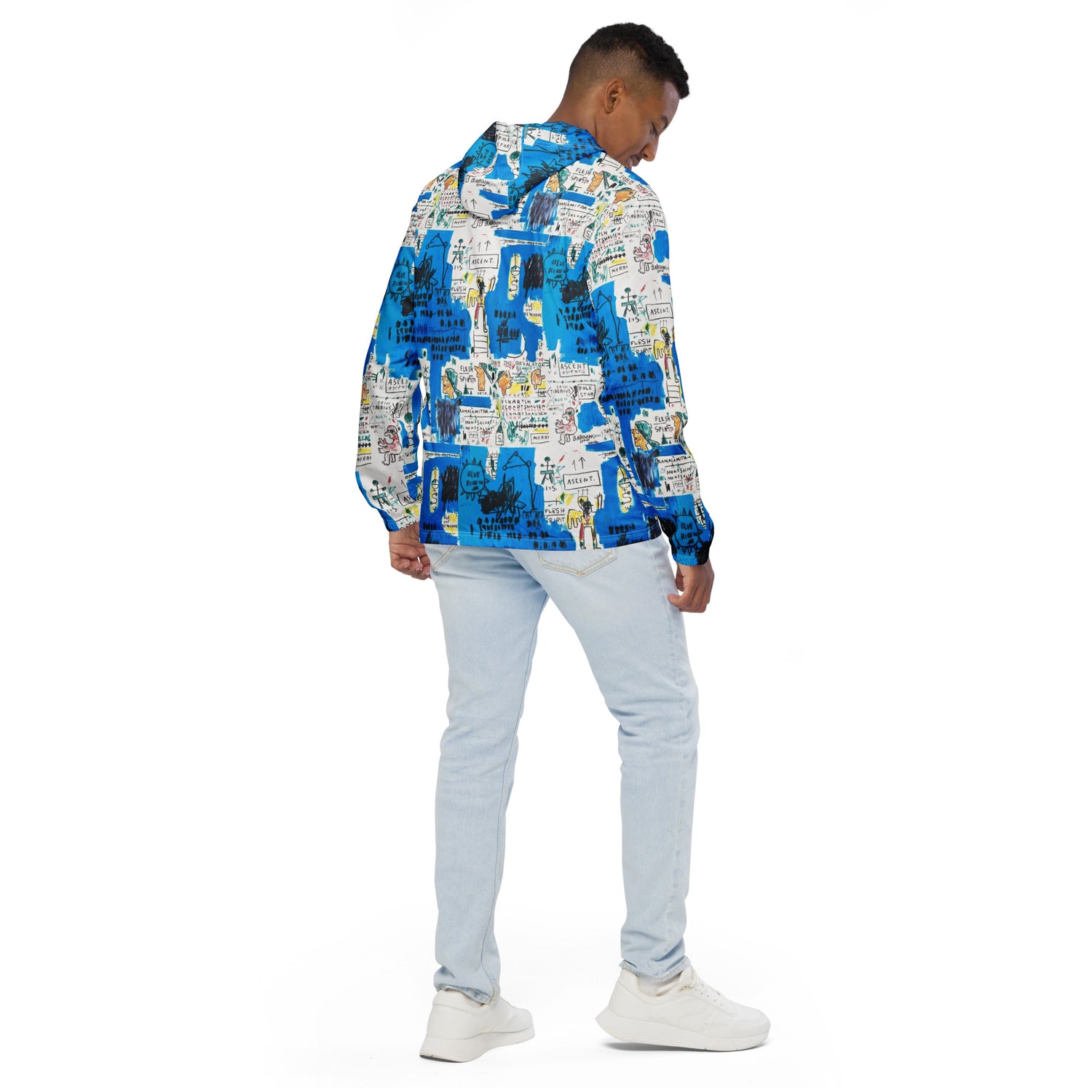 Jean-Michel Basquiat "Ascent" Artwork Printed Premium Blue and White Windbreaker Jacket Scattered