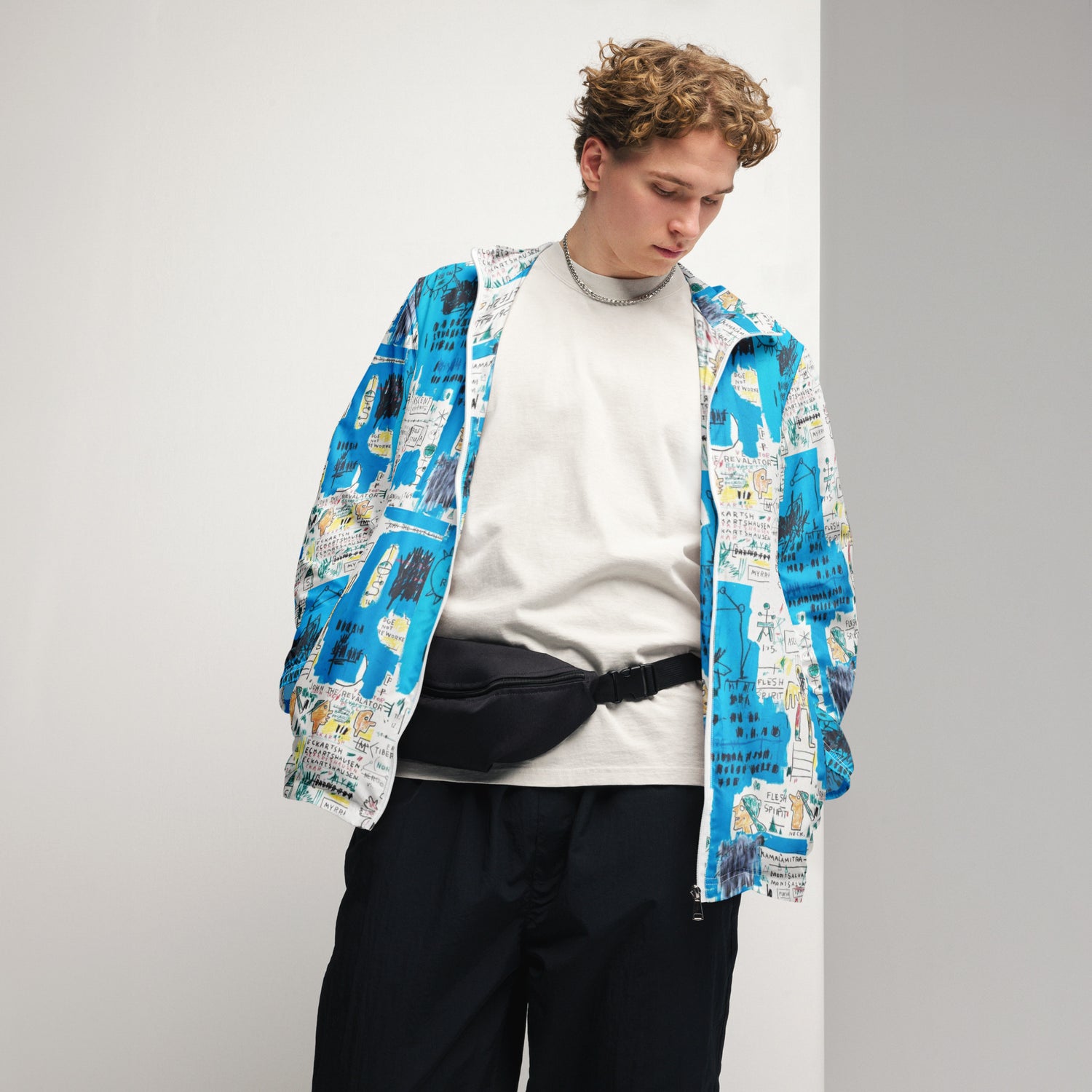 Jean-Michel Basquiat "Ascent" Artwork Printed Premium Blue and White Windbreaker Jacket Scattered