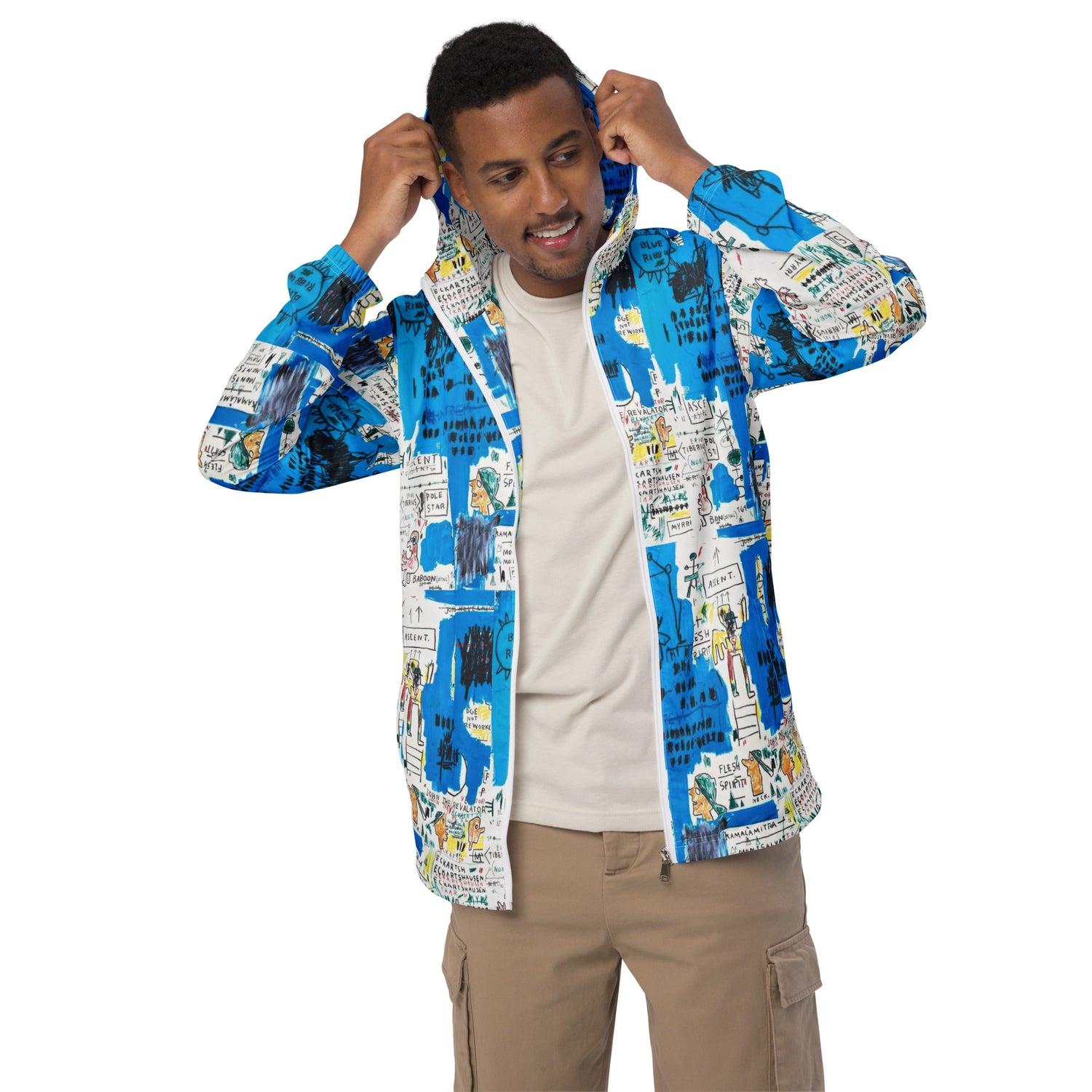 Jean-Michel Basquiat "Ascent" Artwork Printed Premium Blue and White Windbreaker Jacket Scattered