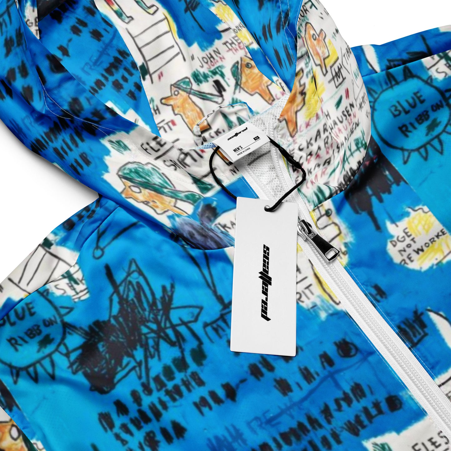 Jean-Michel Basquiat "Ascent" Artwork Printed Premium Blue and White Windbreaker Jacket Scattered