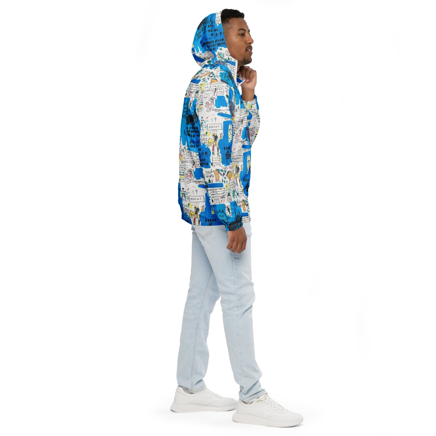 Jean-Michel Basquiat "Ascent" Artwork Printed Premium Blue and White Windbreaker Jacket Scattered