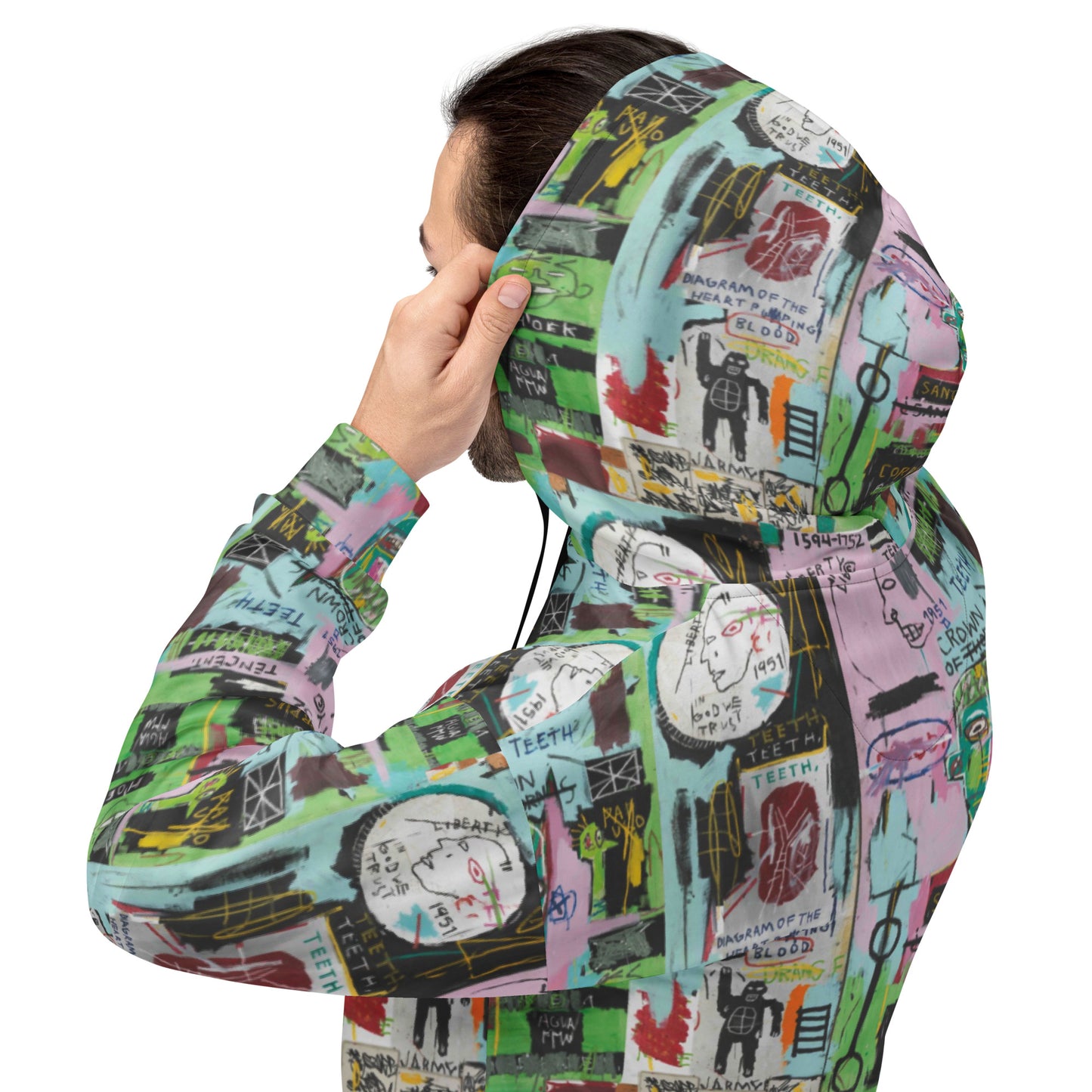 Jean-Michel Basquiat "In Italian" Artwork All Over Printed Green and Pink Sweatshirt Hoodie Scattered Streetwear