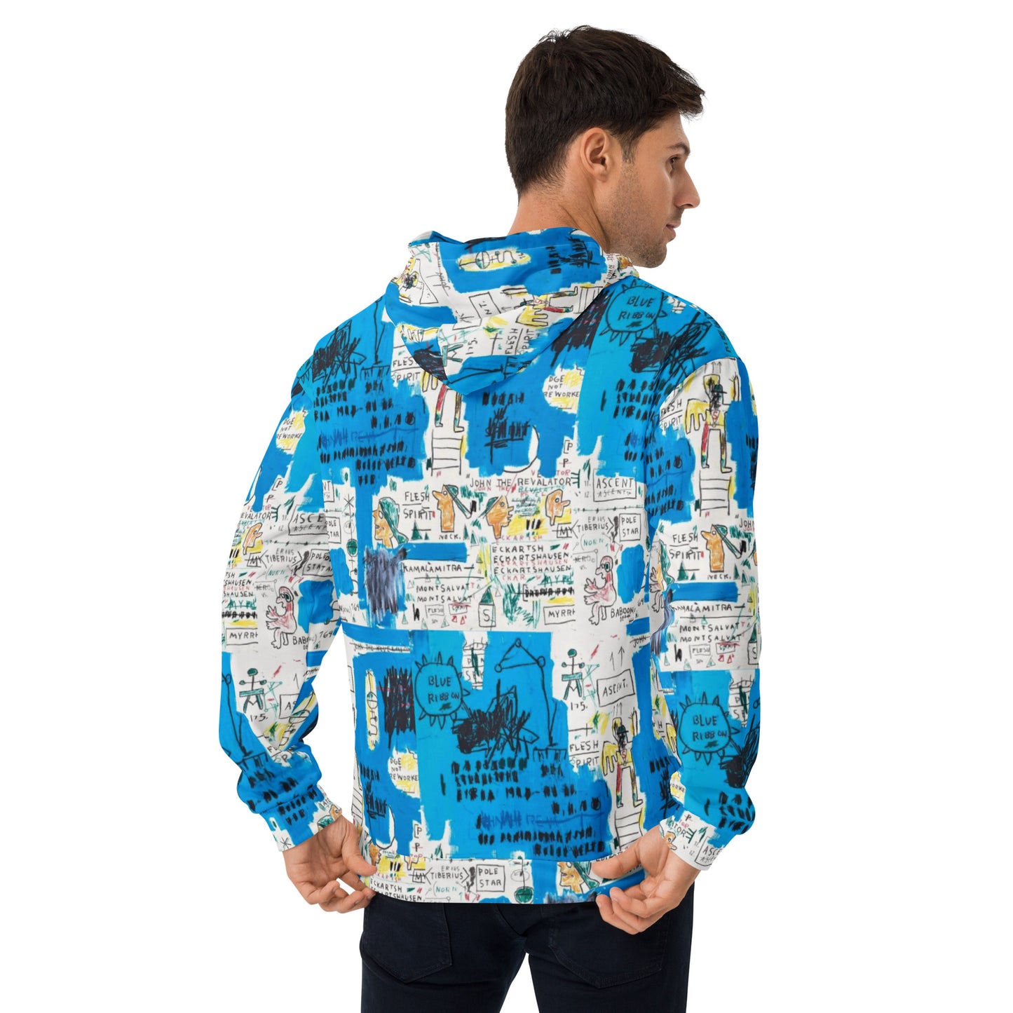 Jean-Michel Basquiat "Ascent" Artwork All Over Printed White and Blue Sweatshirt Hoodie Scattered Streetwear