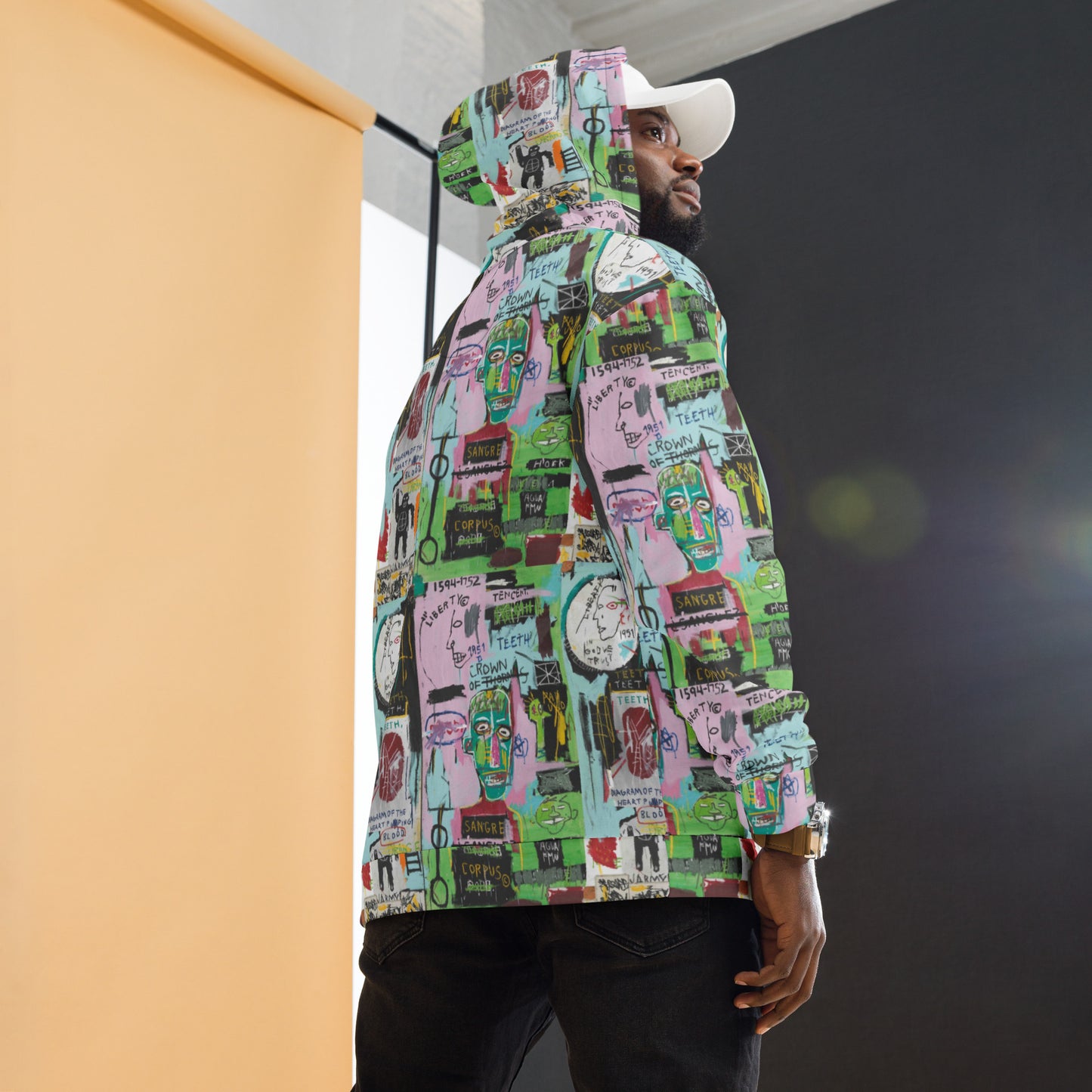 Jean-Michel Basquiat "In Italian" Artwork All Over Printed Green and Pink Sweatshirt Hoodie Scattered Streetwear