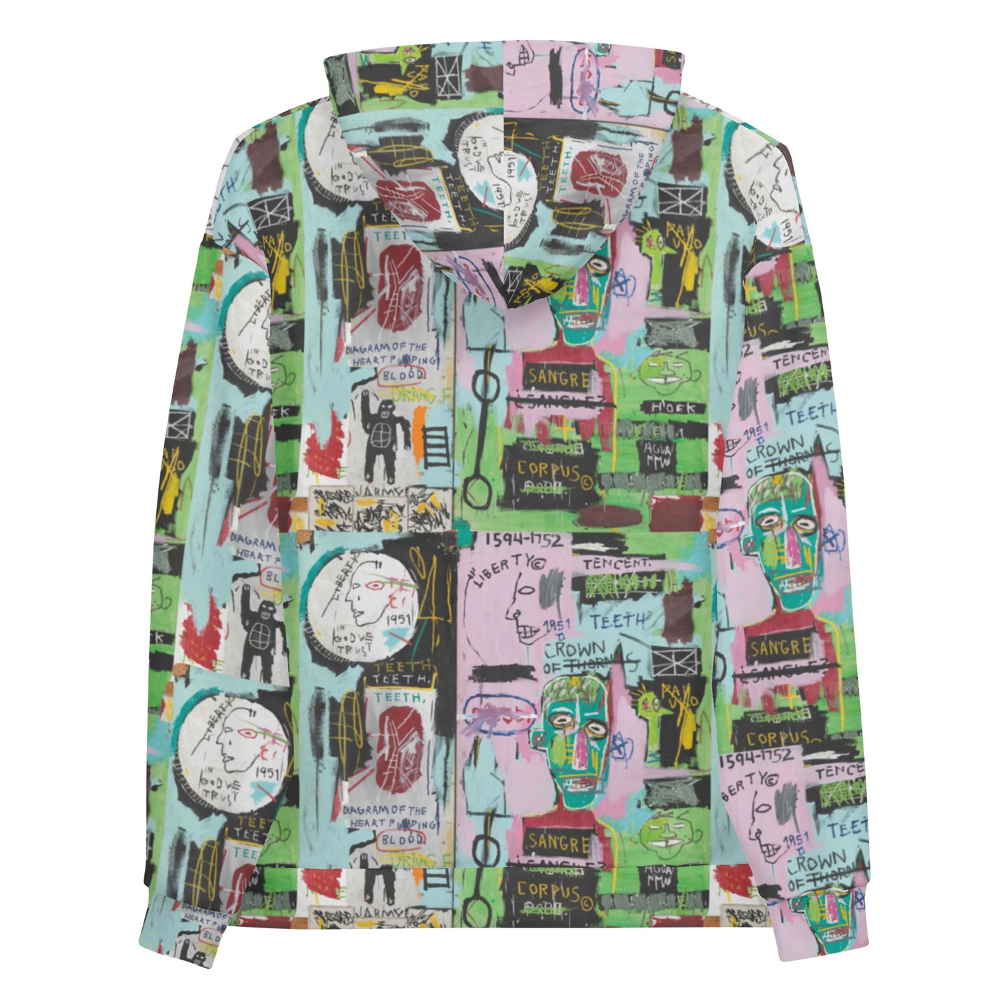 Jean-Michel Basquiat "In Italian" Artwork All Over Printed Green and Pink Sweatshirt Hoodie Scattered Streetwear