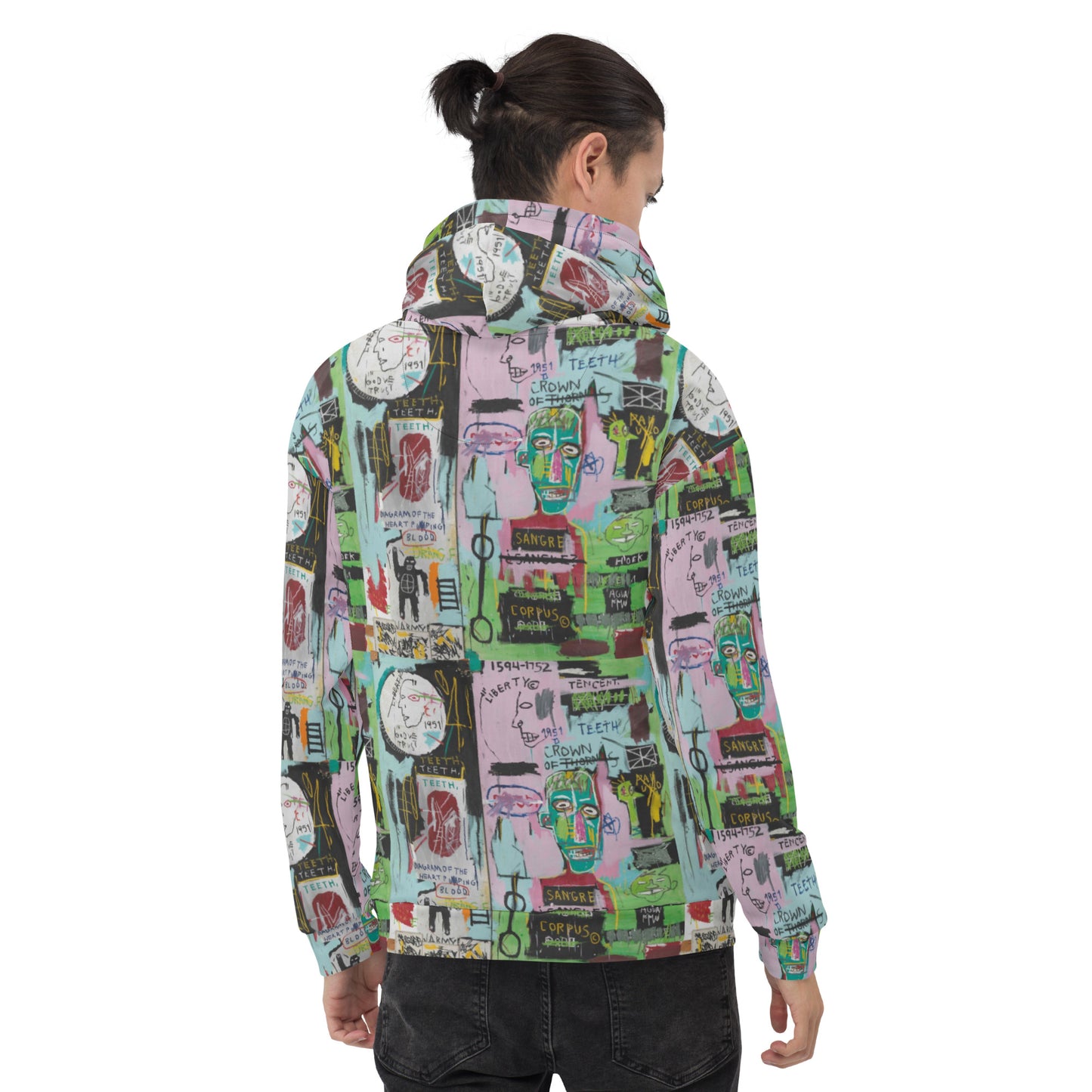 Jean-Michel Basquiat "In Italian" Artwork All Over Printed Green and Pink Sweatshirt Hoodie Scattered Streetwear