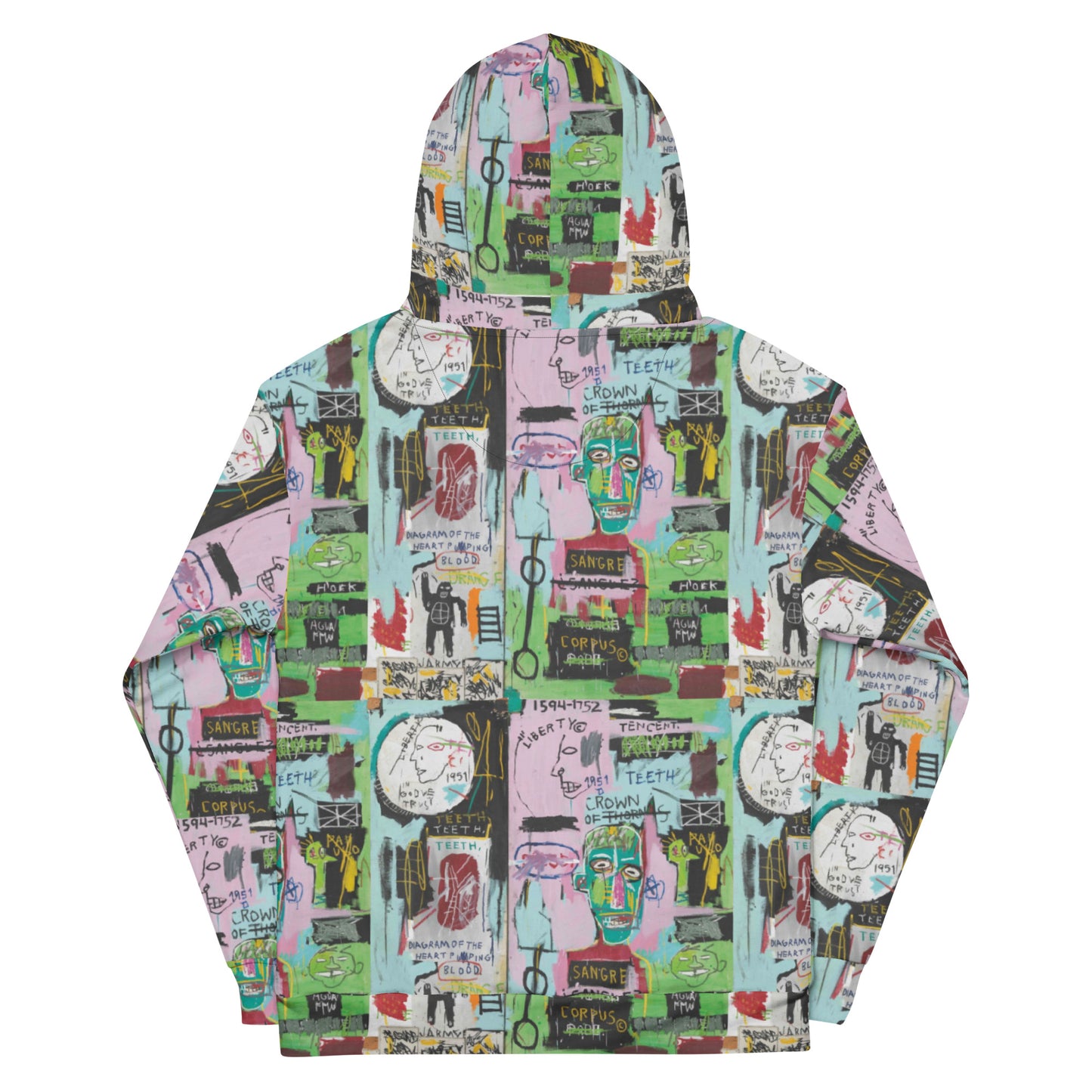 Jean-Michel Basquiat "In Italian" Artwork All Over Printed Green and Pink Sweatshirt Hoodie Scattered Streetwear