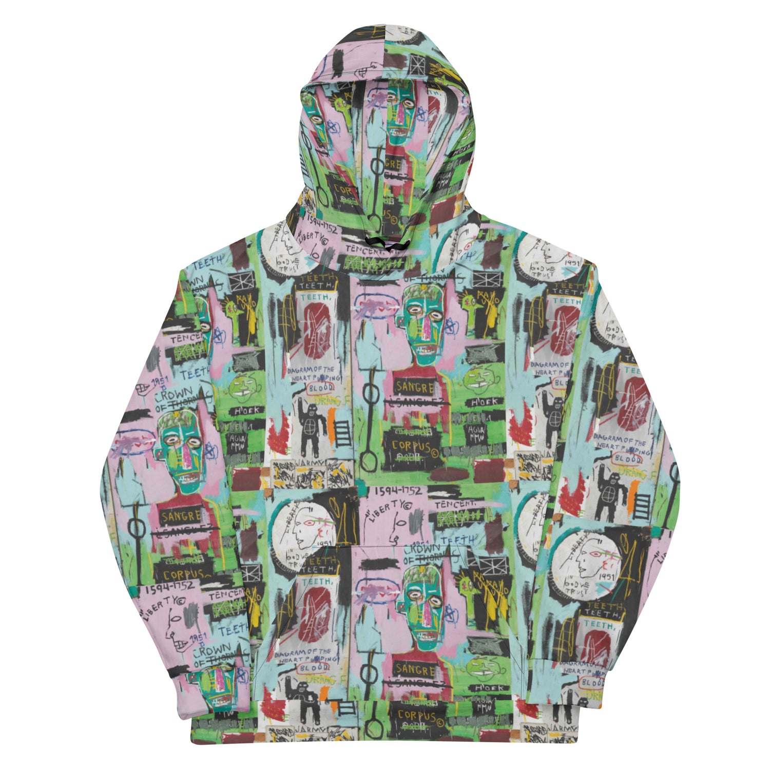 Jean-Michel Basquiat "In Italian" Artwork All Over Printed Green and Pink Sweatshirt Hoodie Scattered Streetwear