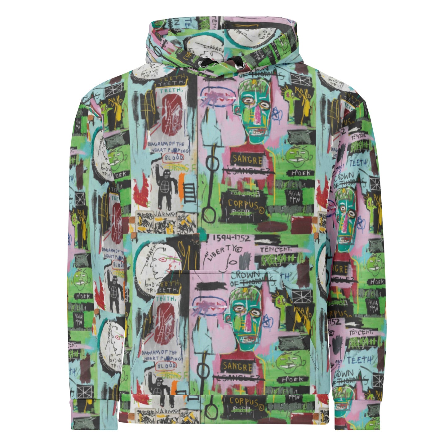 Jean-Michel Basquiat "In Italian" Artwork All Over Printed Green and Pink Sweatshirt Hoodie Scattered Streetwear