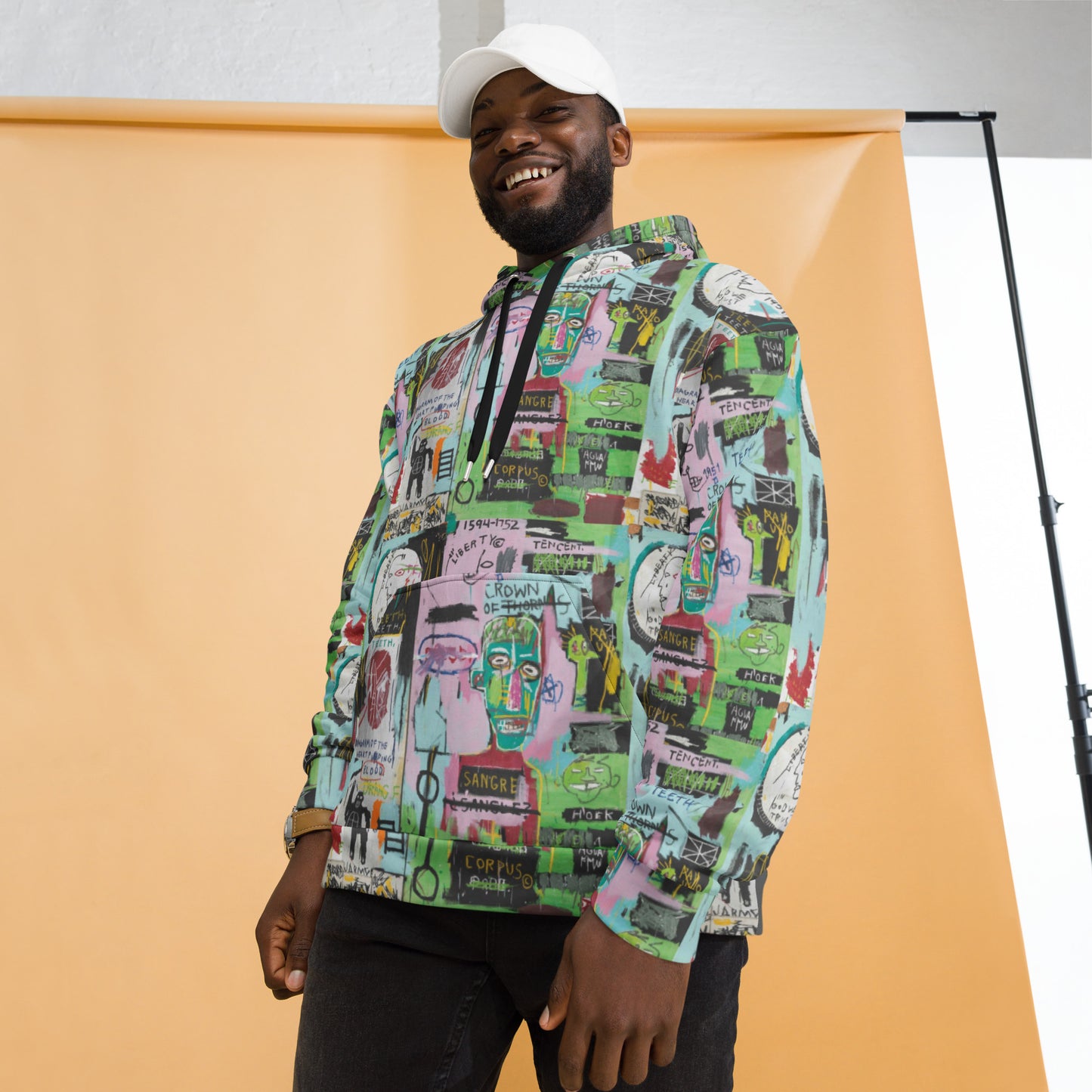 Jean-Michel Basquiat "In Italian" Artwork All Over Printed Green and Pink Sweatshirt Hoodie Scattered Streetwear