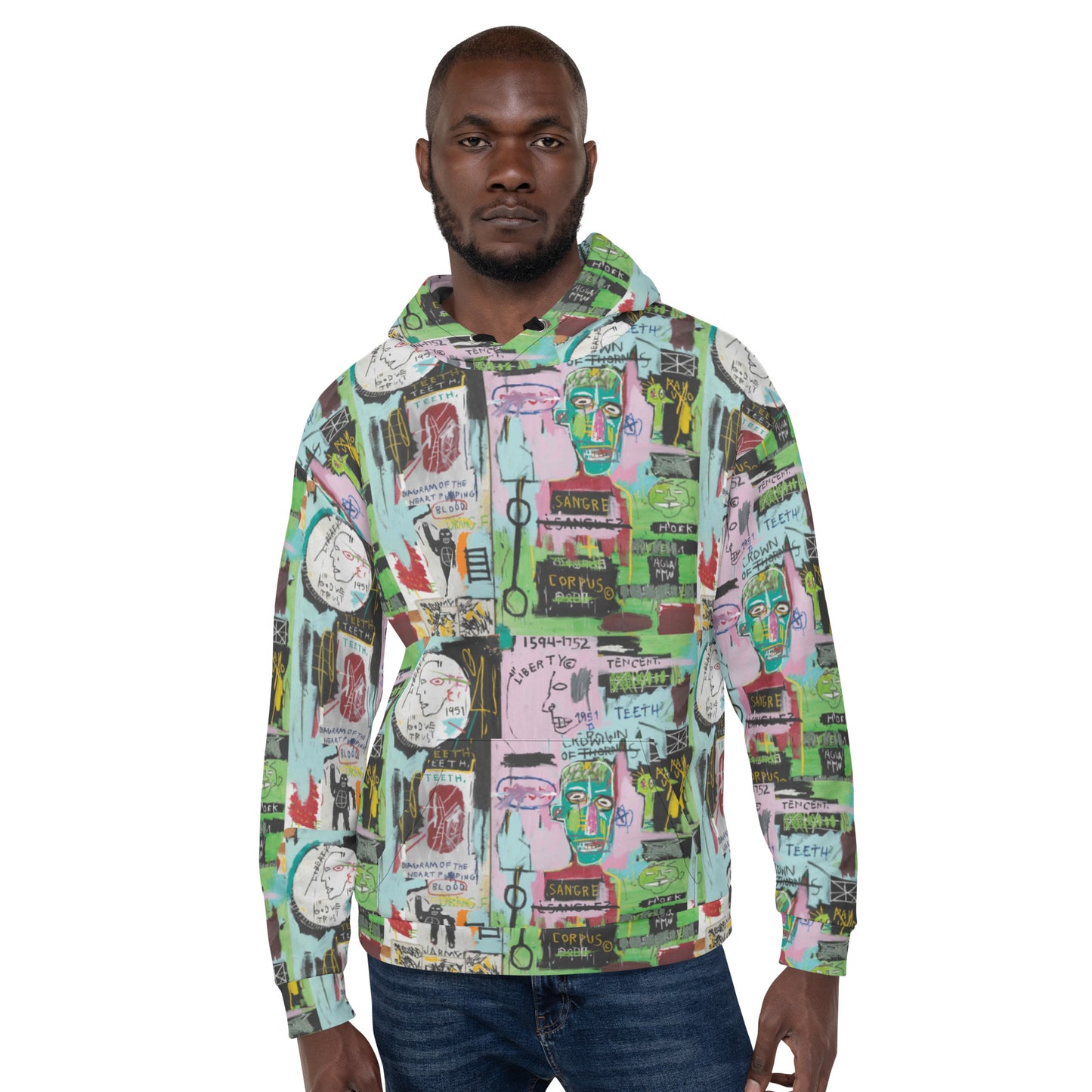 Jean-Michel Basquiat "In Italian" Artwork All Over Printed Green and Pink Sweatshirt Hoodie Scattered Streetwear