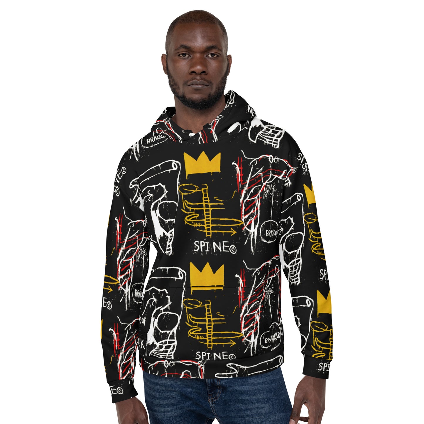 Jean-Michel Basquiat "Back of the Neck" Artwork All Over Printed Black and Yellow Sweatshirt Hoodie Scattered Streetwear