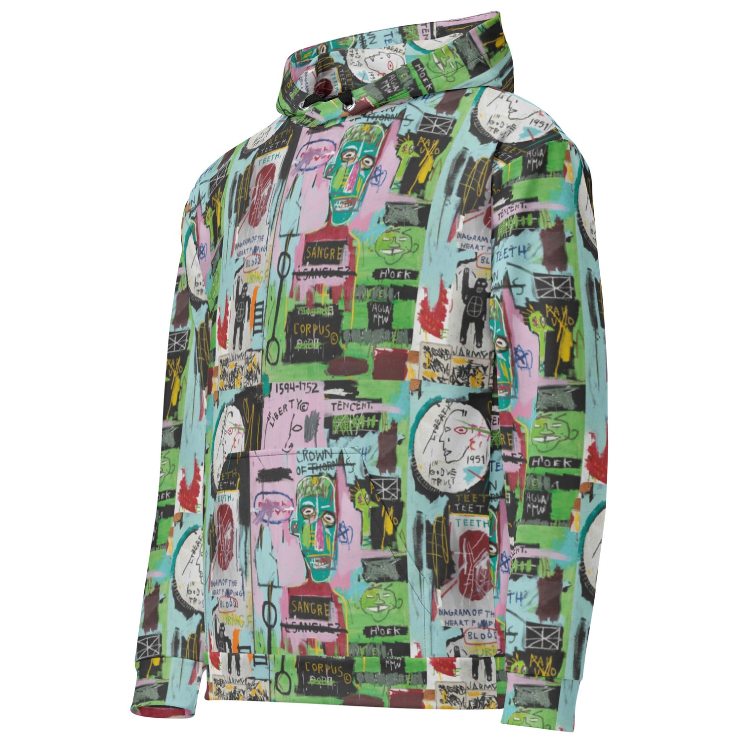 Jean-Michel Basquiat "In Italian" Artwork All Over Printed Green and Pink Sweatshirt Hoodie Scattered Streetwear