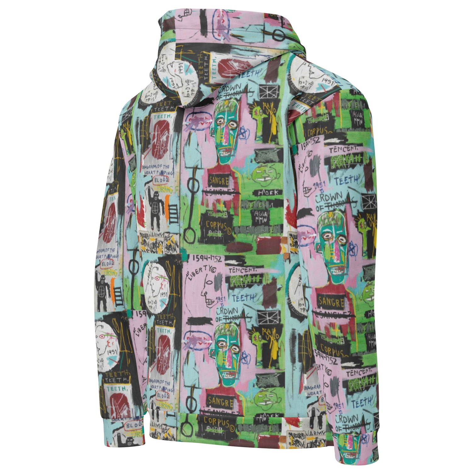 Jean-Michel Basquiat "In Italian" Artwork All Over Printed Green and Pink Sweatshirt Hoodie Scattered Streetwear