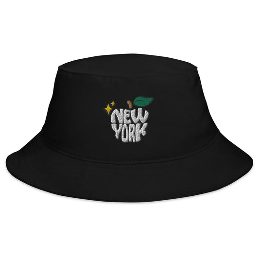 New York Apple Logo Embroidered Black Bucket Hat Scattered Streetwear