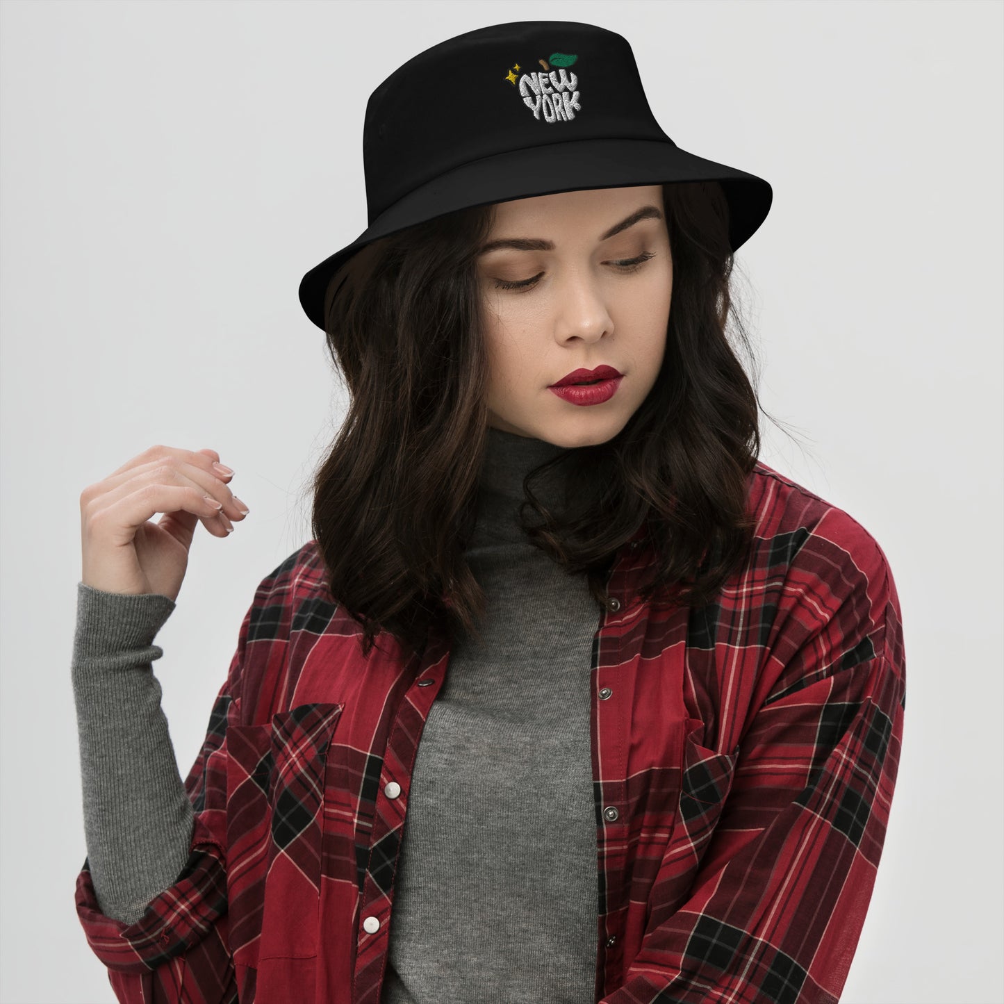 New York Apple Logo Embroidered Black Bucket Hat Scattered Streetwear