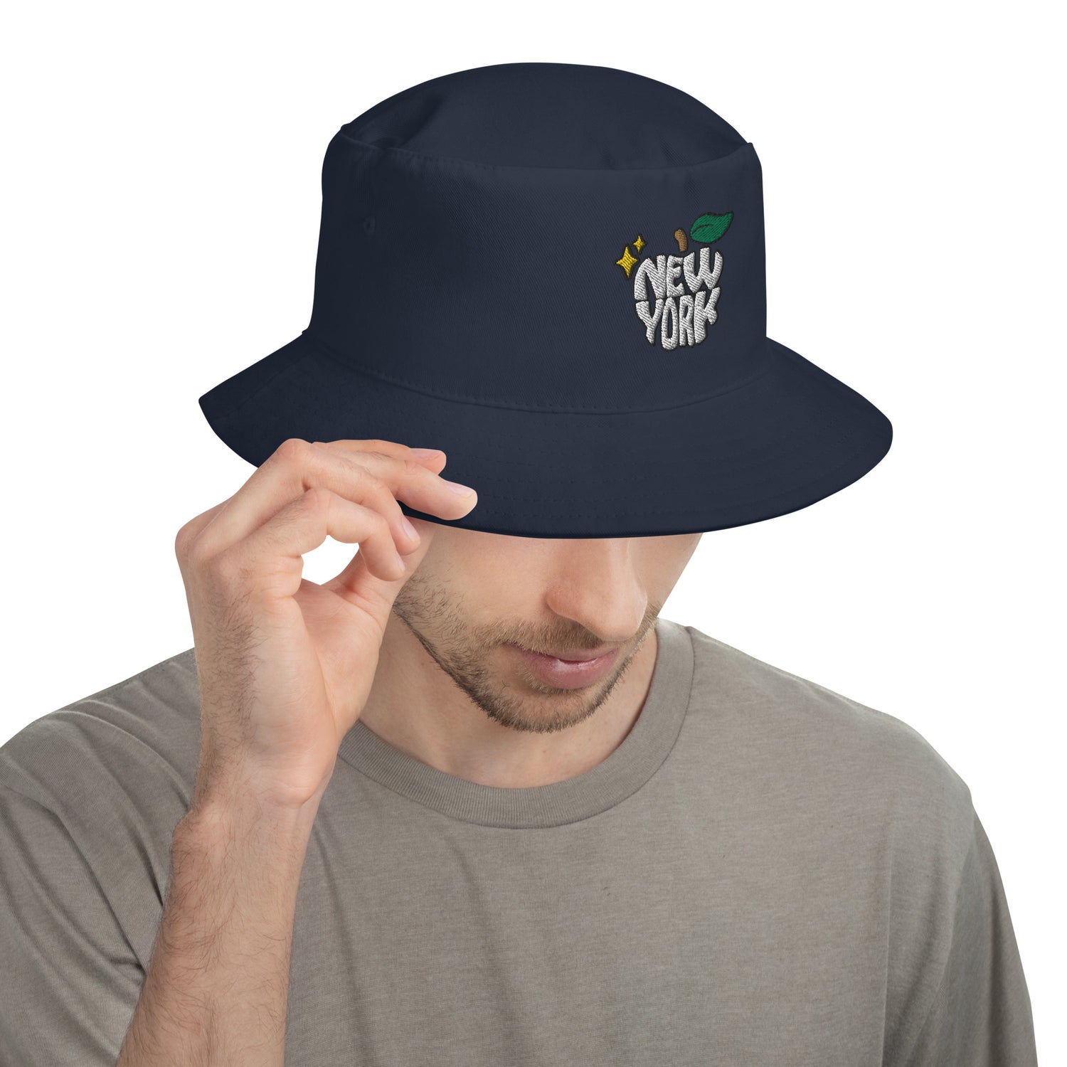 New York Apple Logo Embroidered Navy Blue Bucket Hat Scattered Streetwear