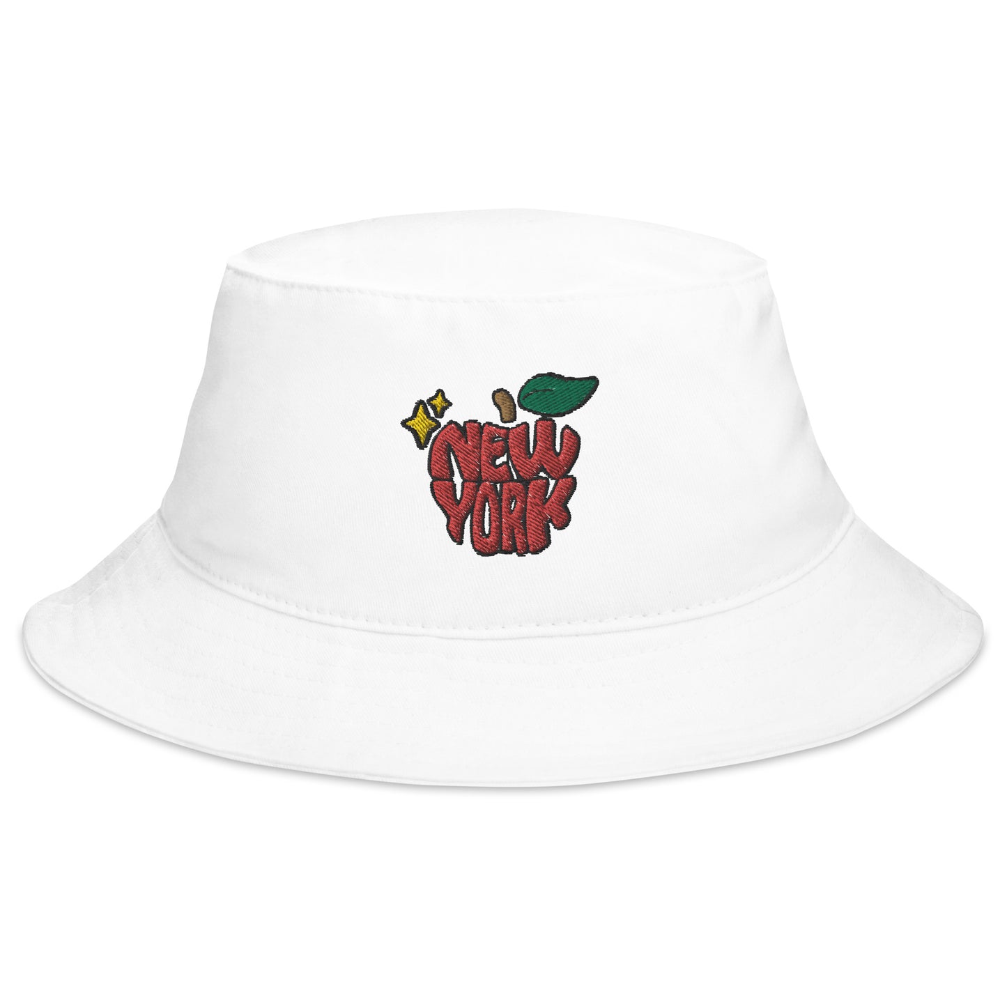New York Apple Logo Embroidered White Bucket Hat Scattered Streetwear