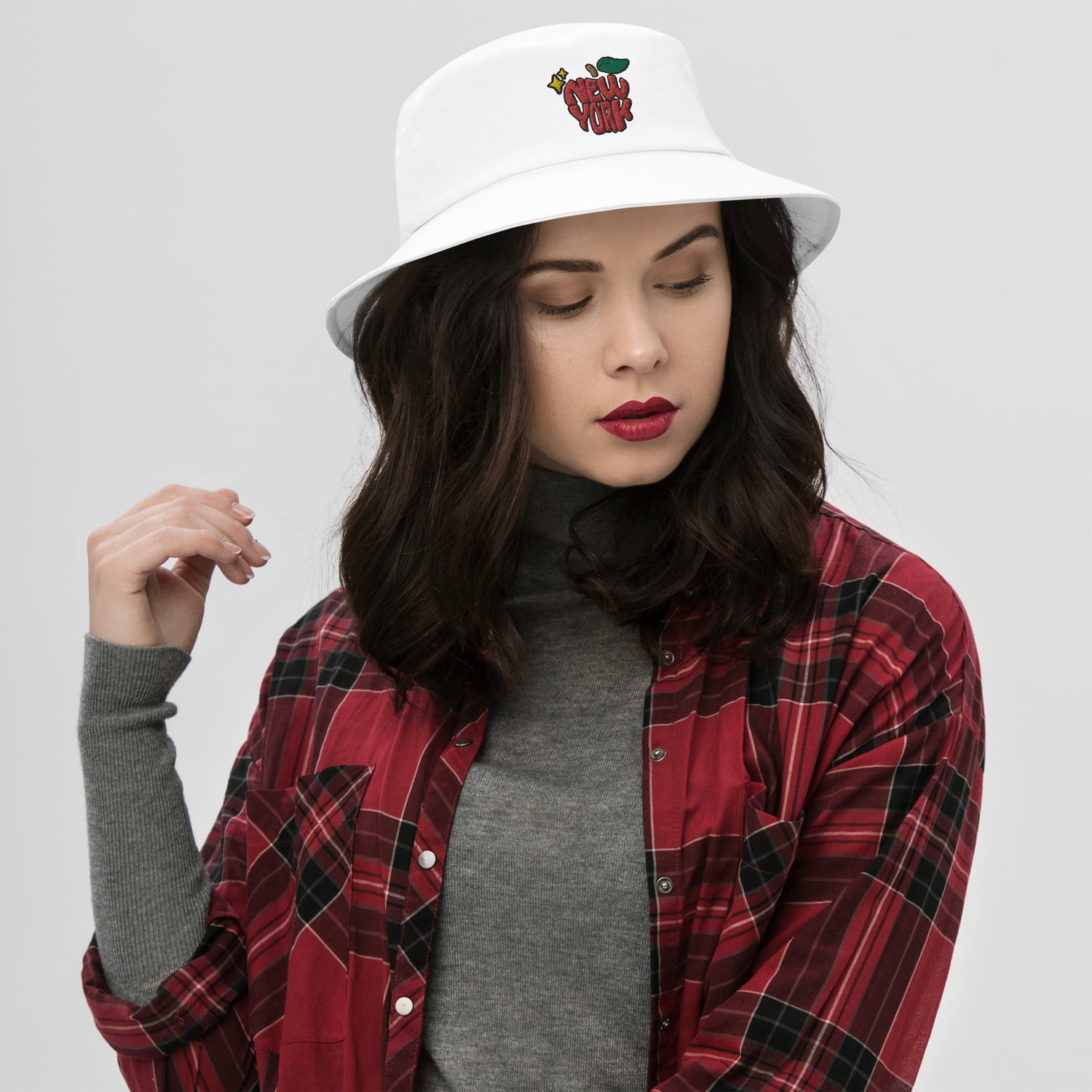 New York Apple Logo Embroidered White Bucket Hat Scattered Streetwear