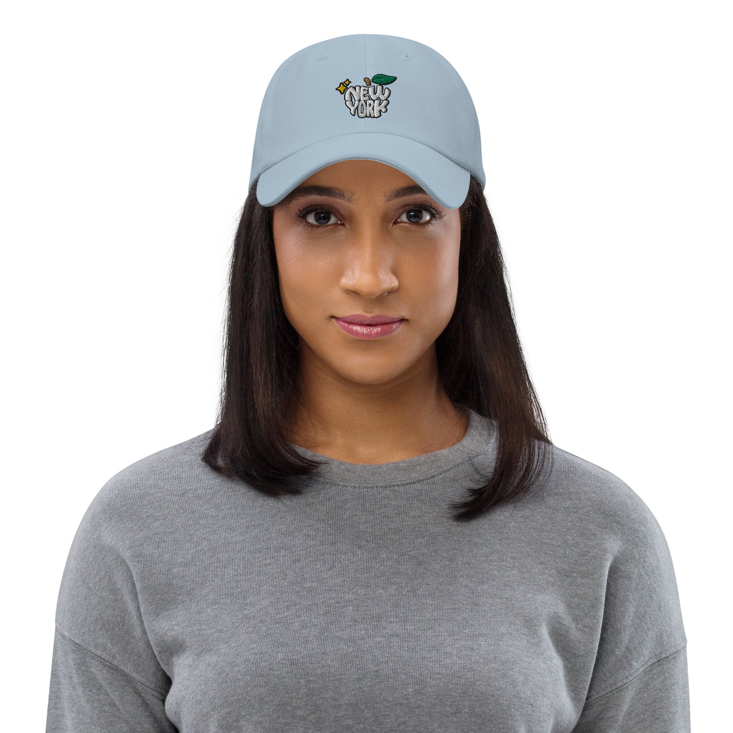 New York Apple Logo Embroidered Baby Blue Dad Hat Scattered Streetwear