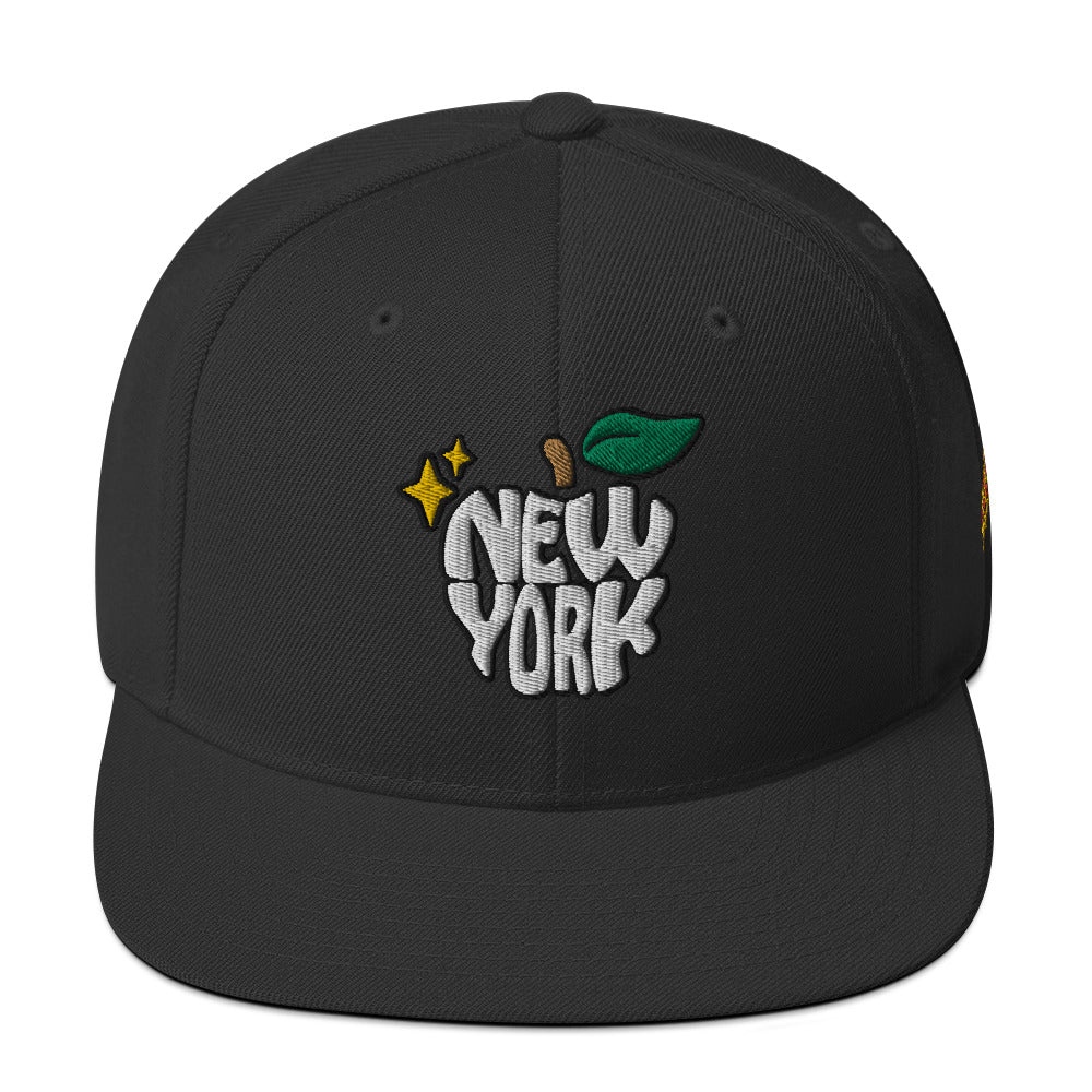 New York Apple Logo Embroidered Black Snapback Hat (Pizza) Scattered Streetwear