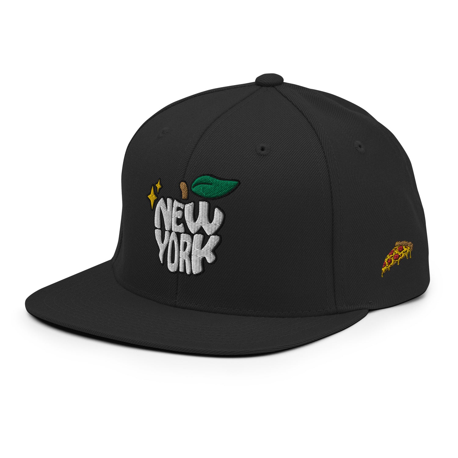 New York City Apple Logo Embroidered Black Snapback Hat (Pizza) Scattered Streetwear NYC