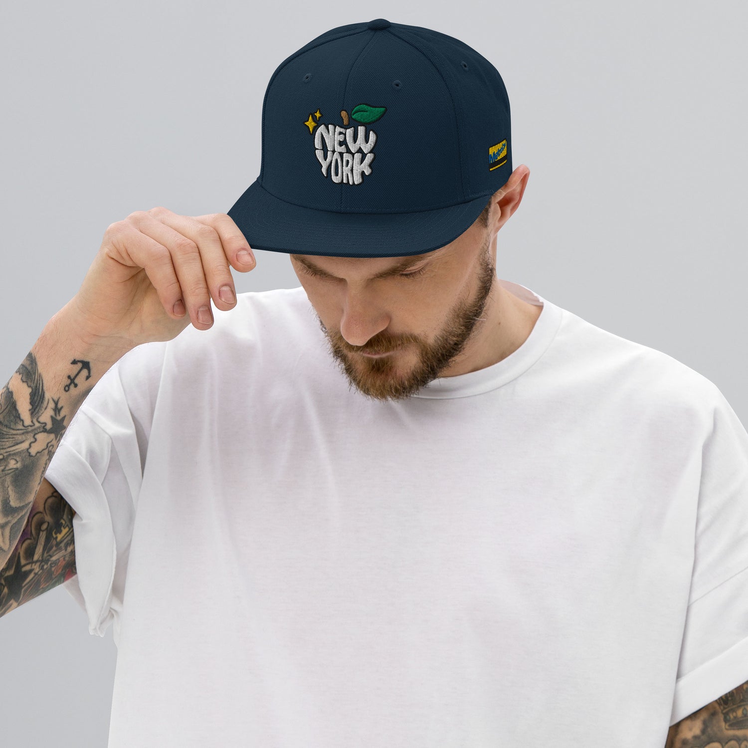 New York Apple Logo Embroidered Navy Blue Snapback Hat (Metro Card) Scattered Streetwear