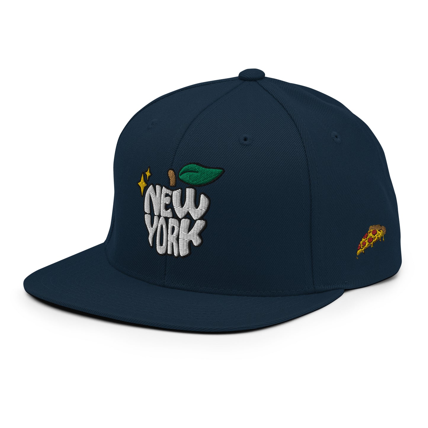 New York Apple Logo Embroidered Navy Snapback Hat (Pizza) Scattered Streetwear