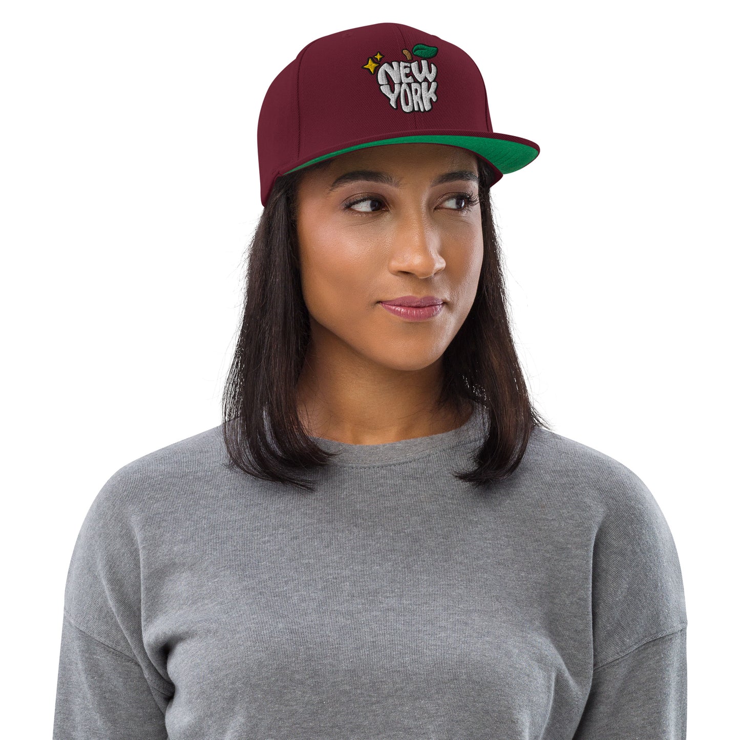 New York Apple Logo Embroidered Burgundy Snapback Hat (Pizza) Scattered Streetwear