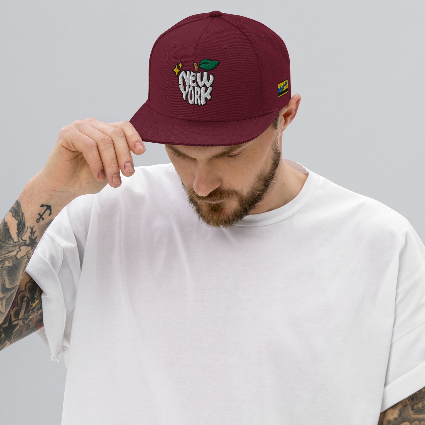 New York Apple Logo Embroidered Burgundy Snapback Hat (Metro Card) Scattered Streetwear