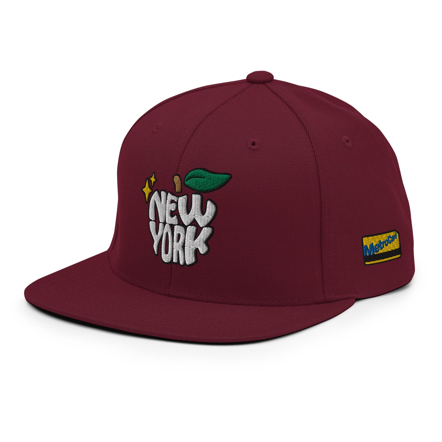 New York Apple Logo Embroidered Burgundy Snapback Hat (Metro Card) Scattered Streetwear