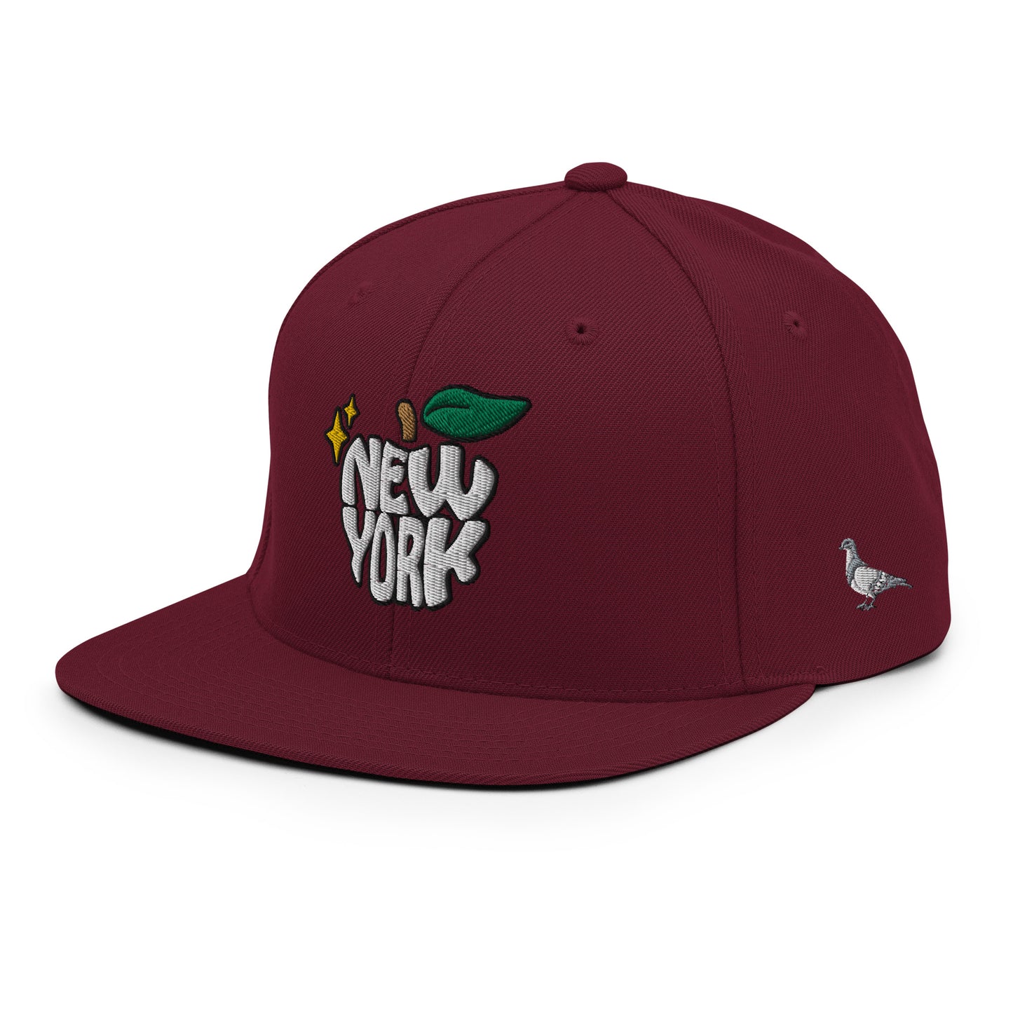 New York Apple Logo Embroidered Burgundy Snapback Hat (Pigeon) Scattered Streetwear