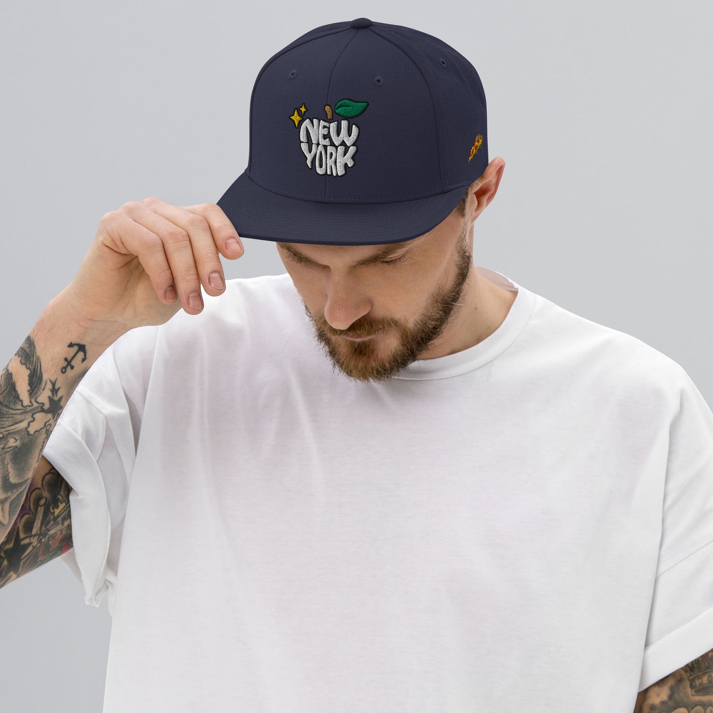 New York Apple Logo Embroidered Navy Snapback Hat (Pizza) Scattered Streetwear