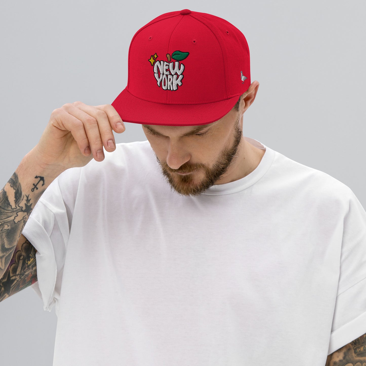 New York Apple Logo Embroidered Red Snapback Hat (Pigeon) Scattered Streetwear