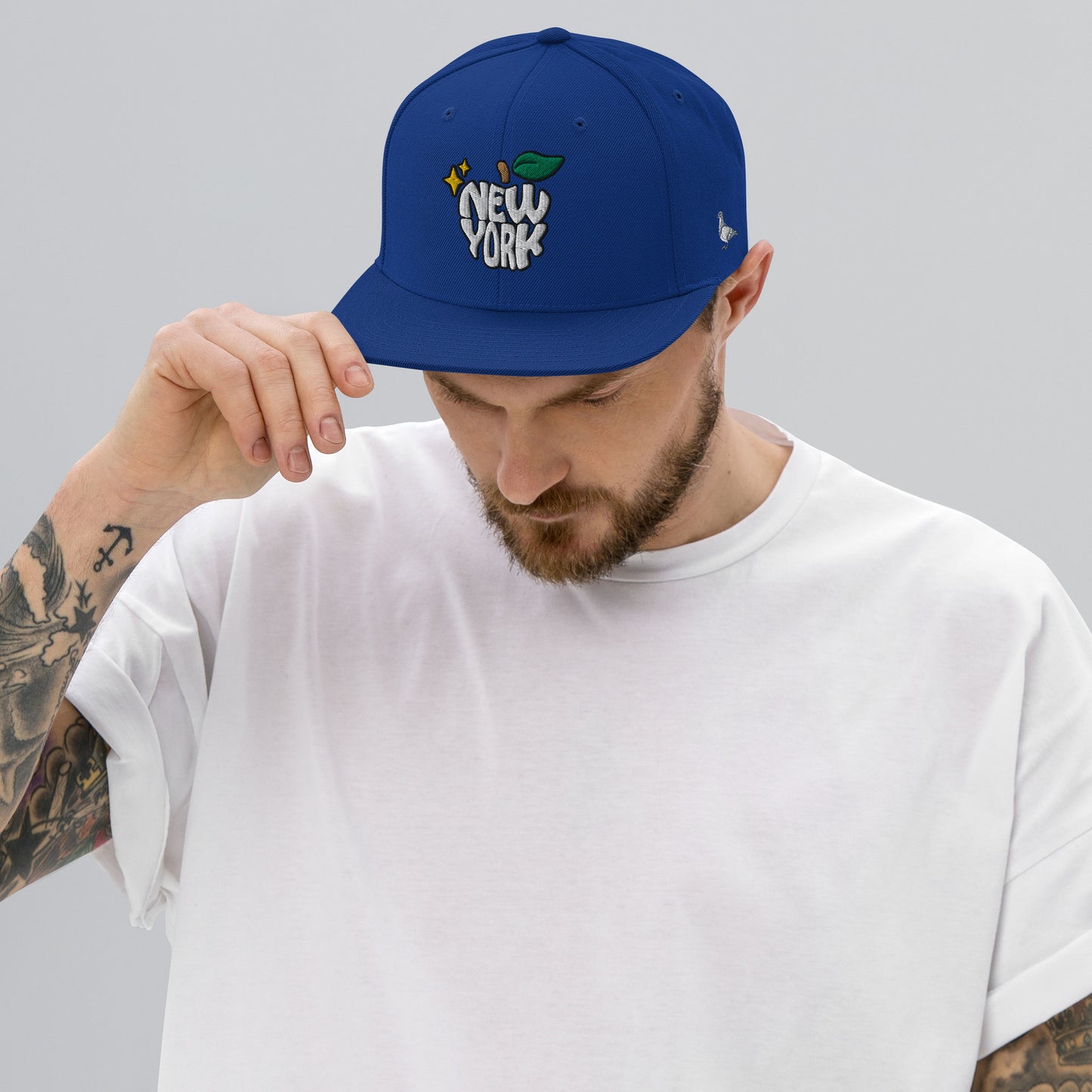 New York Apple Logo Embroidered Royal Blue Snapback Hat (Pigeon) Scattered Streetwear