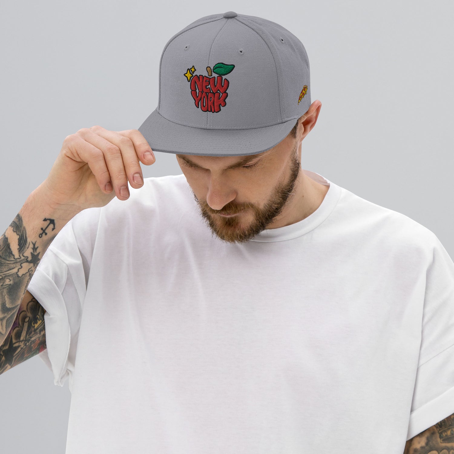 New York Apple Logo Embroidered Grey Snapback Hat (Pizza) Scattered Streetwear