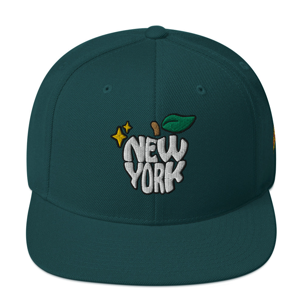 New York Apple Logo Embroidered Spruce Green Snapback Hat (Pizza) Scattered Streetwear