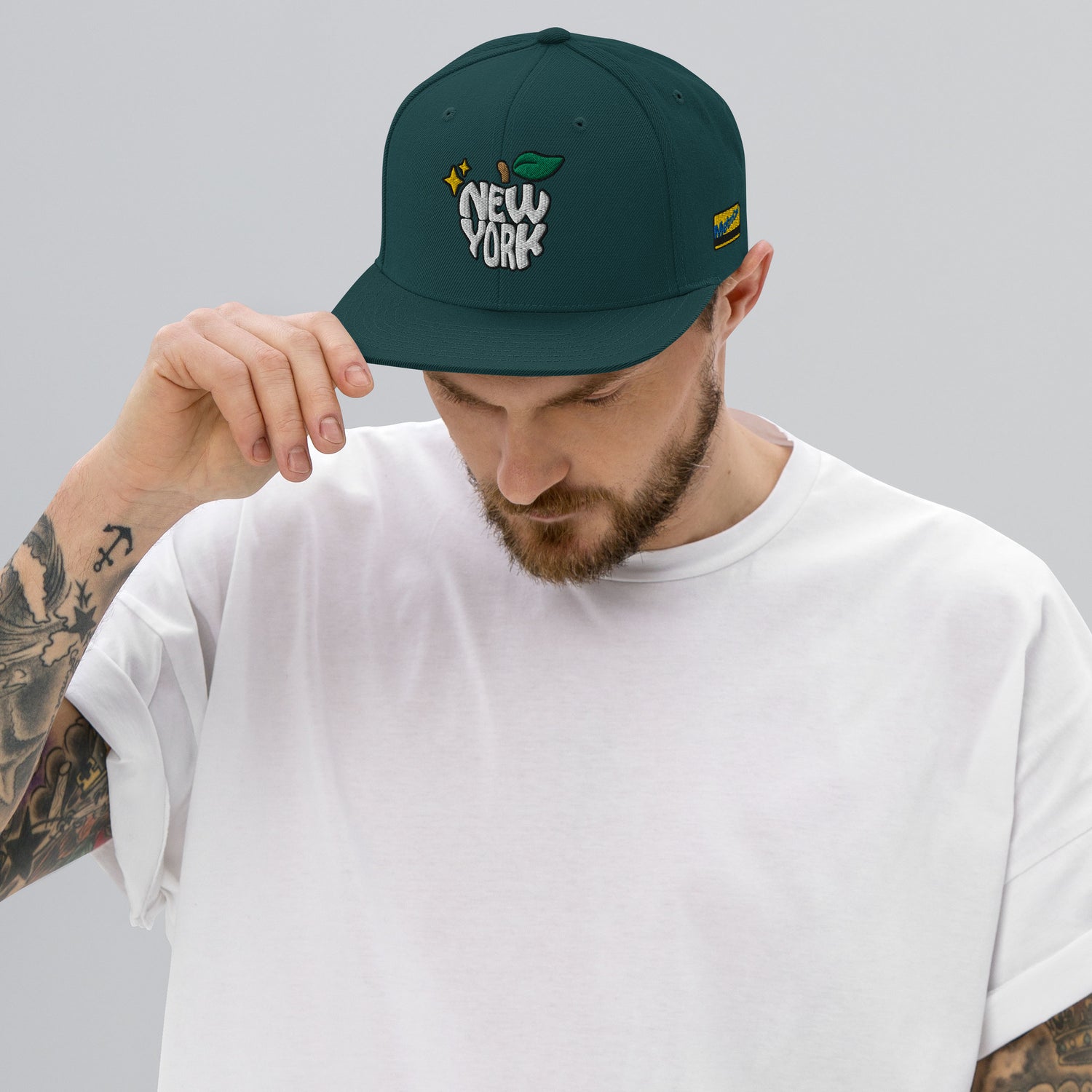 New York Apple Logo Embroidered Spruce Green Snapback Hat (Metro Card) Scattered Streetwear