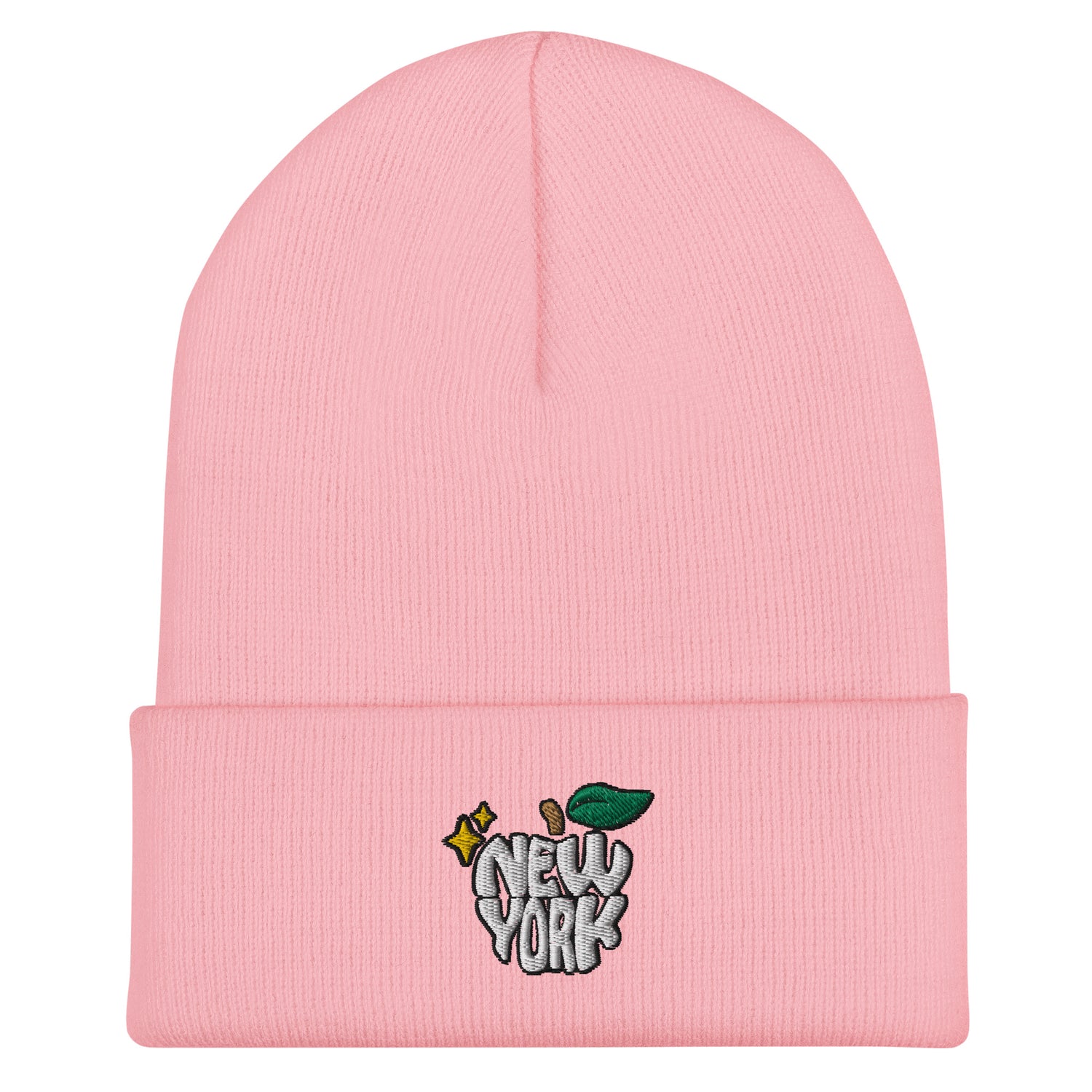 New York Apple Logo Embroidered Pink Cuffed Beanie Hat Scattered Streetwear