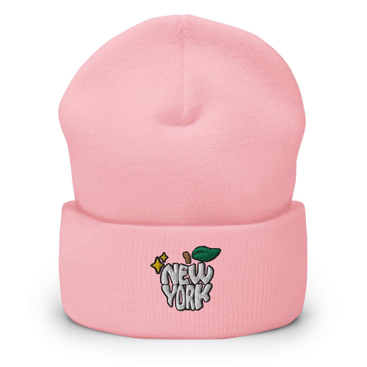 New York Apple Logo Embroidered Pink Cuffed Beanie Hat Scattered Streetwear