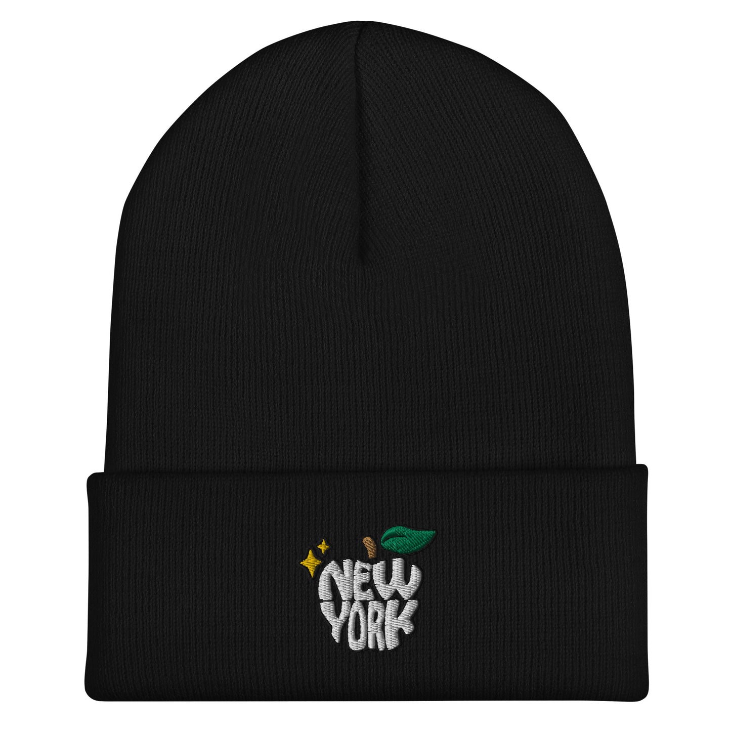New York Apple Logo Embroidered Black Cuffed Beanie Hat Scattered Streetwear