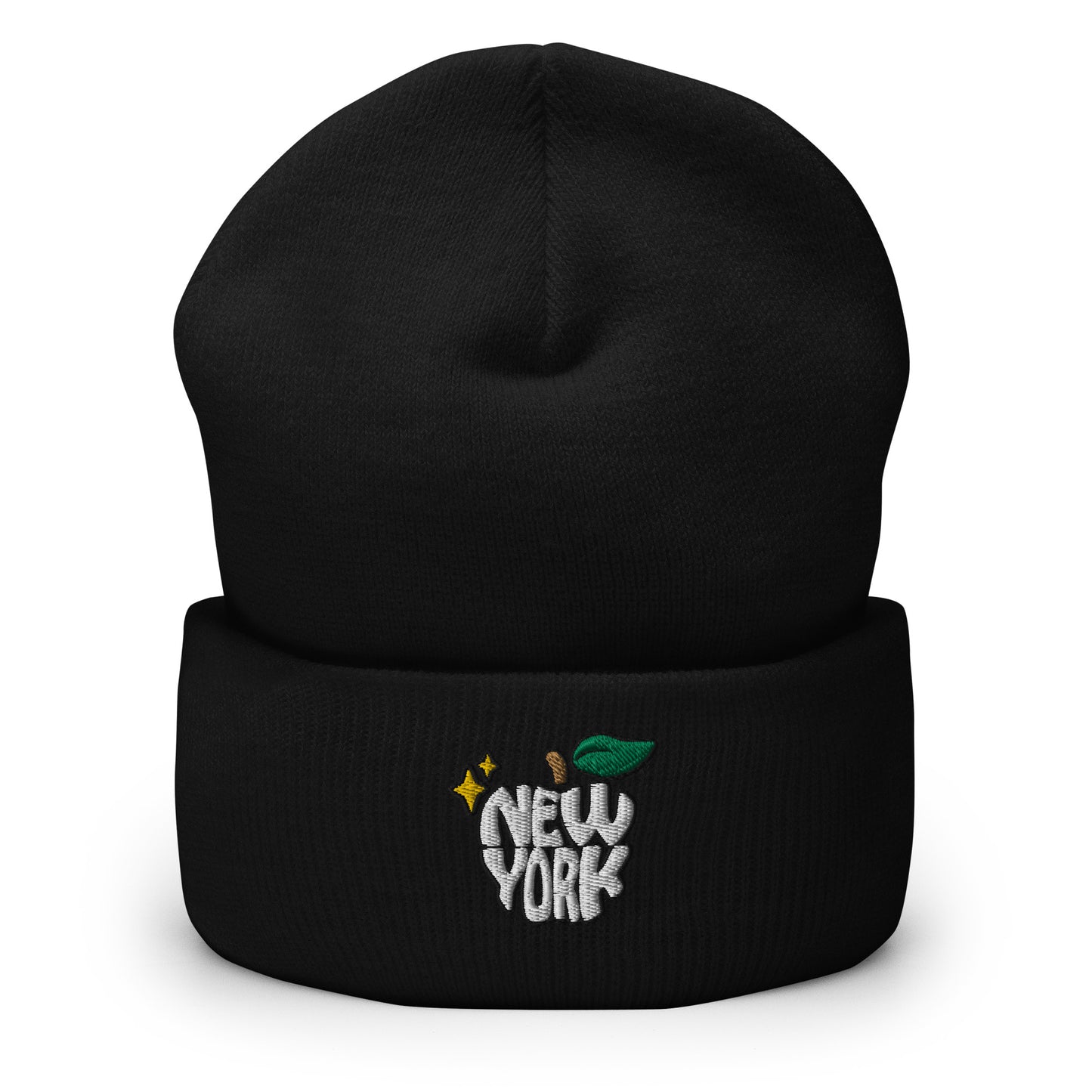 New York Apple Logo Embroidered Black Cuffed Beanie Hat Scattered Streetwear