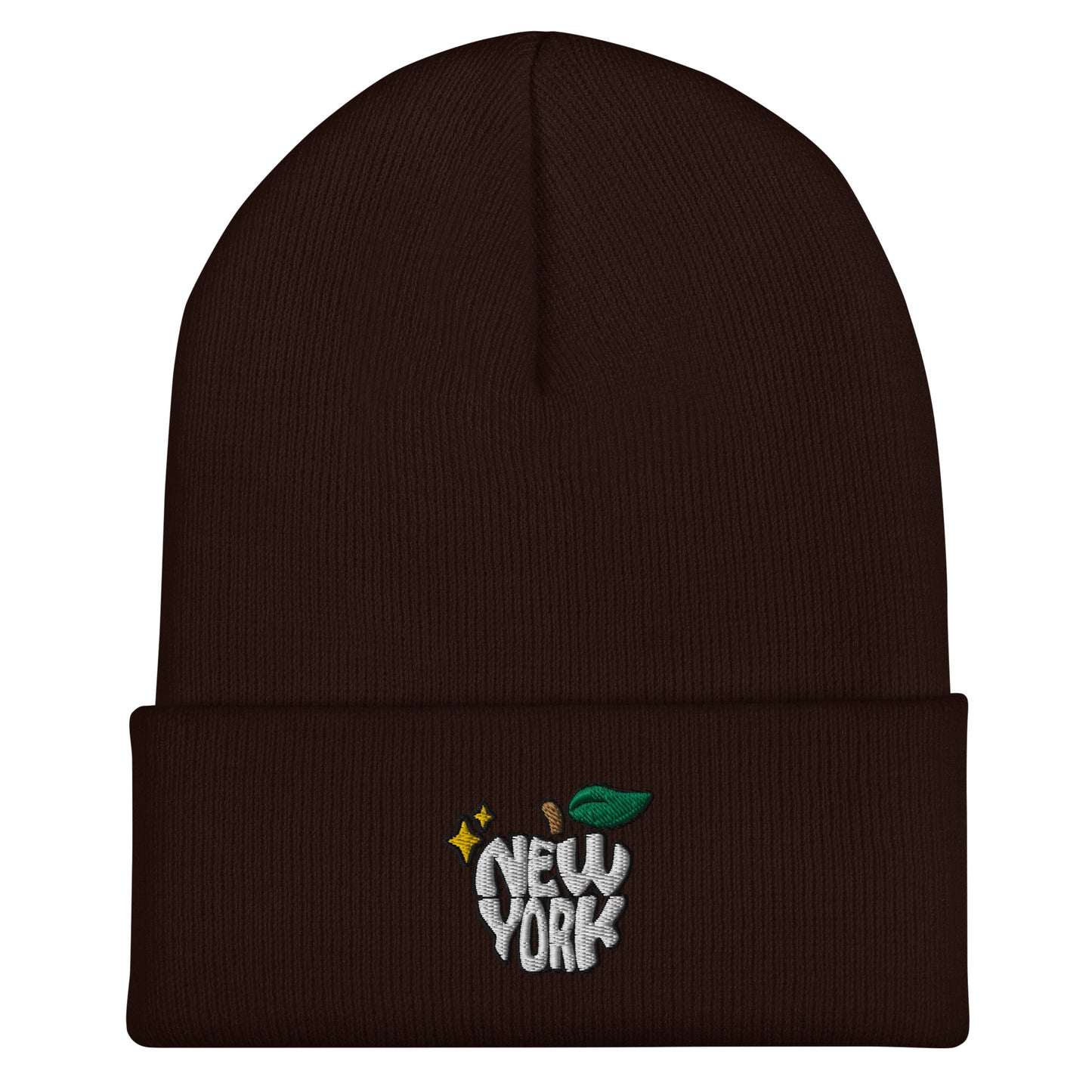 New York Apple Logo Embroidered Brown Cuffed Beanie Hat Scattered Streetwear