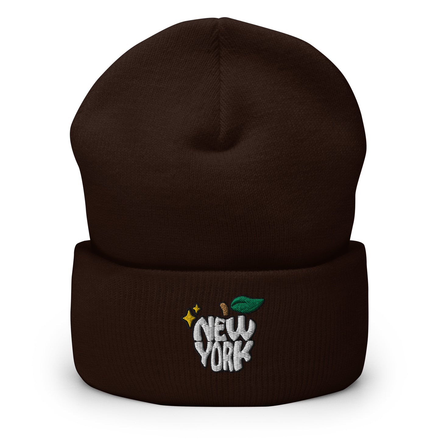 New York Apple Logo Embroidered Brown Cuffed Beanie Hat Scattered Streetwear