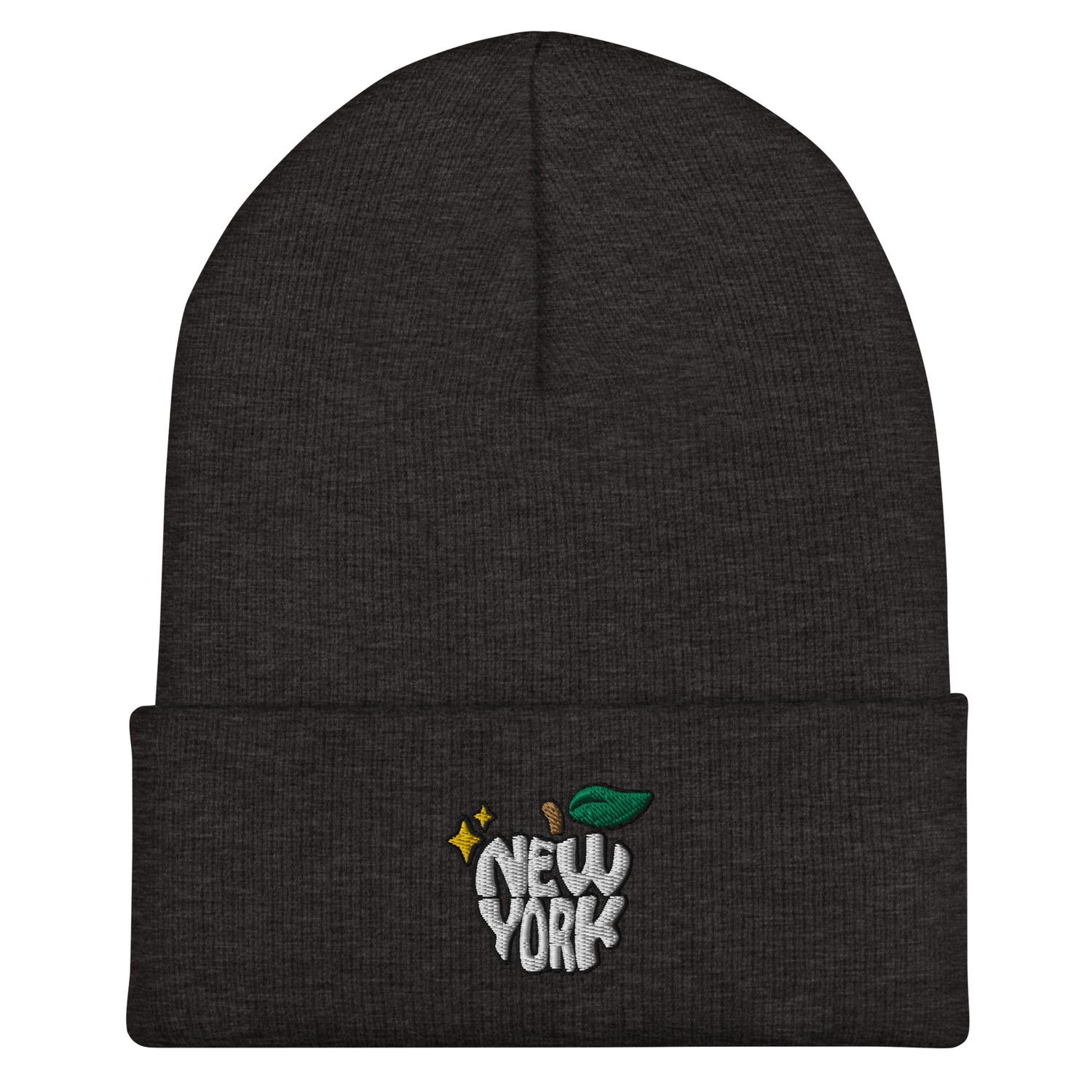 New York Apple Logo Embroidered Charcoal Grey Cuffed Beanie Hat Scattered Streetwear