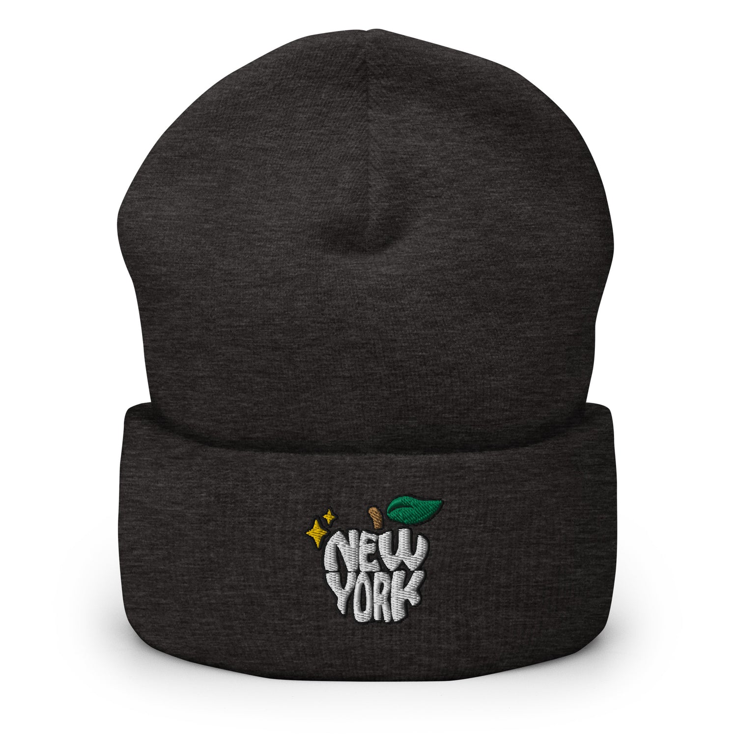 New York Apple Logo Embroidered Charcoal Grey Cuffed Beanie Hat Scattered Streetwear